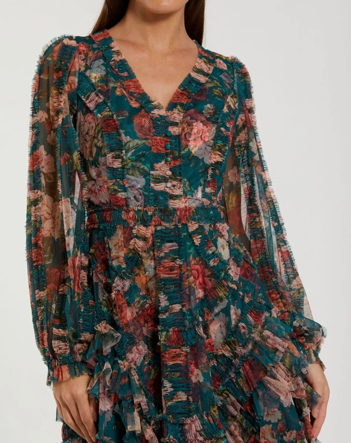 Teal Long Sleeve Floral Midi Dress With Ruffles - Special Events Unlimited
