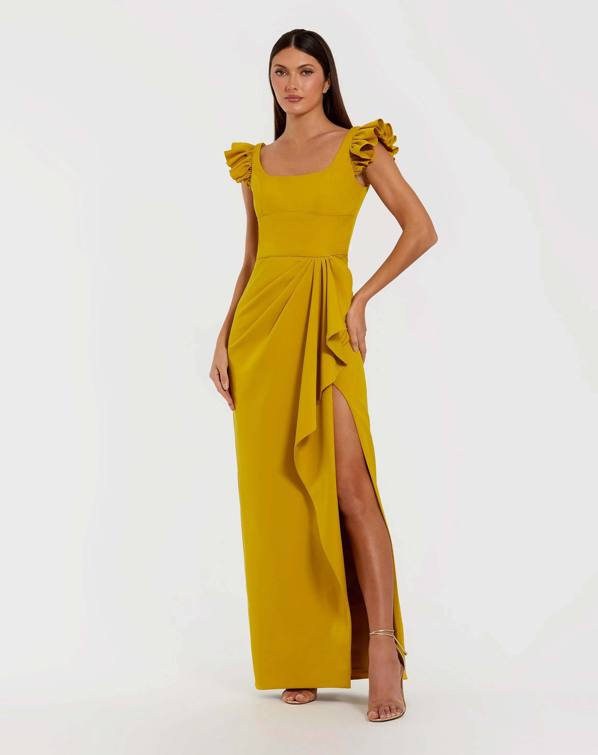Yellow Square Neck Ruffle Slit Gown - Special Events Unlimited