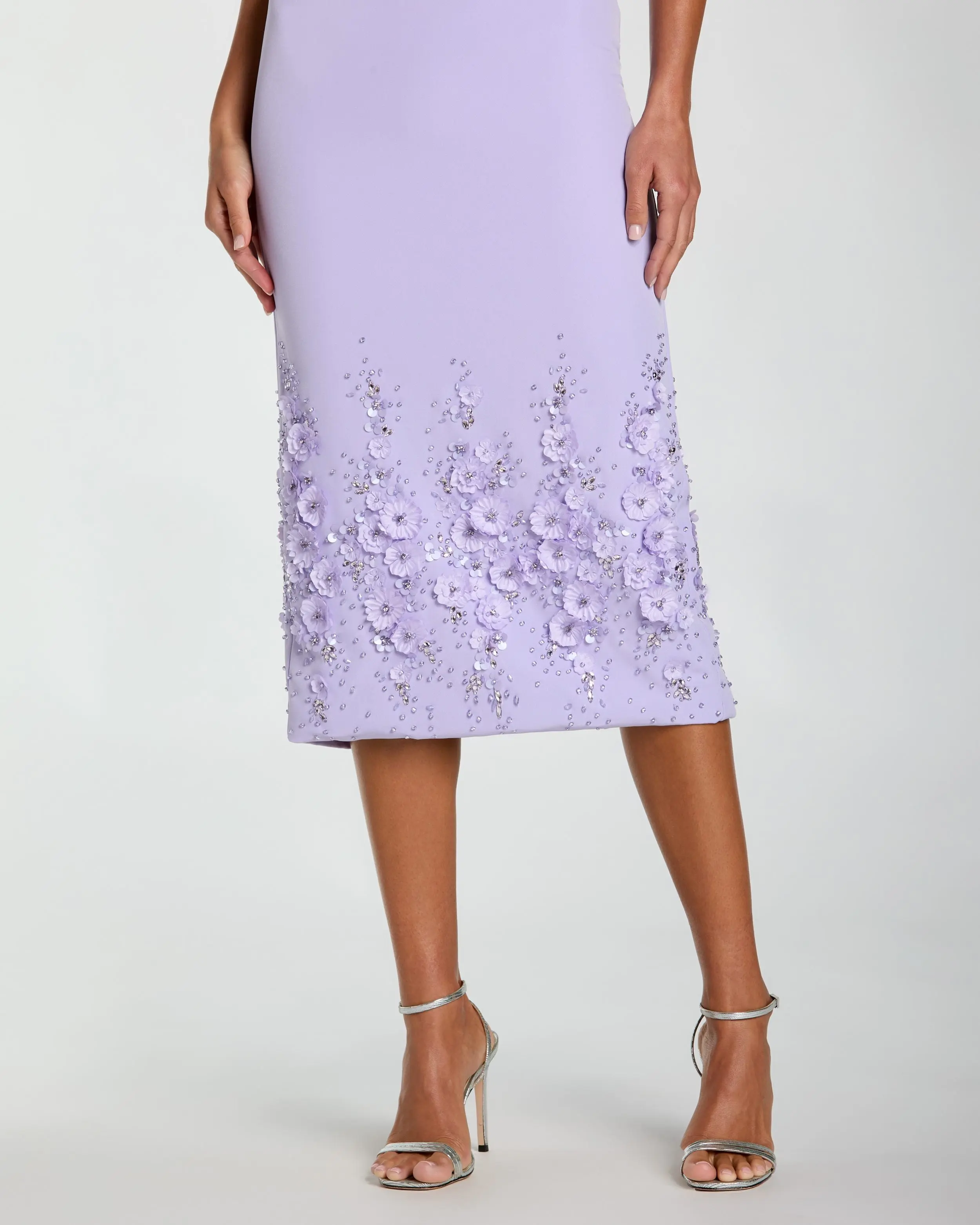 Purple Crepe Sleeveless Midi Dress With Flower Beading - Special Events Unlimited