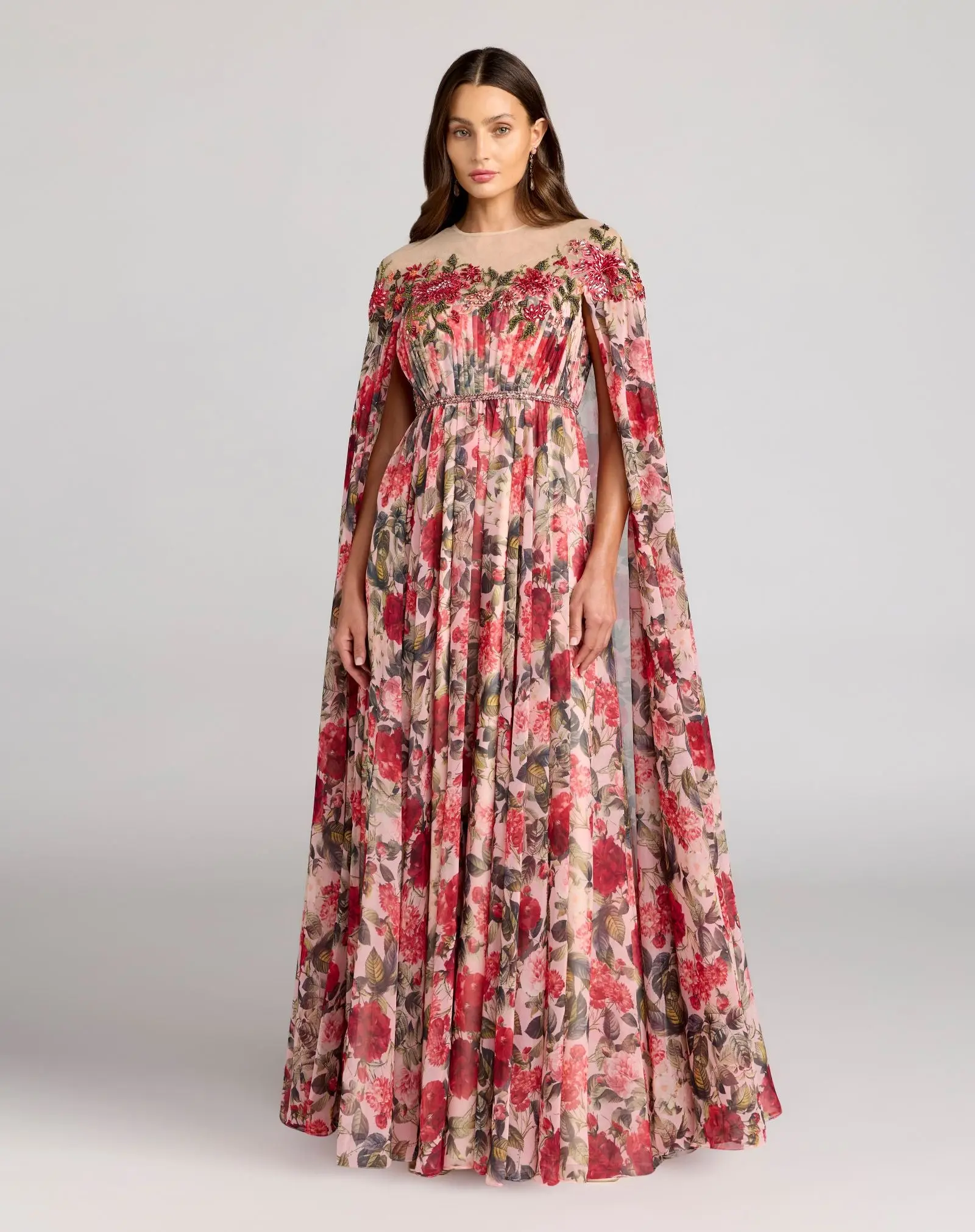 Multicolor Floral Printed Chiffon High Neck Cape Gown - Special Events Unlimited