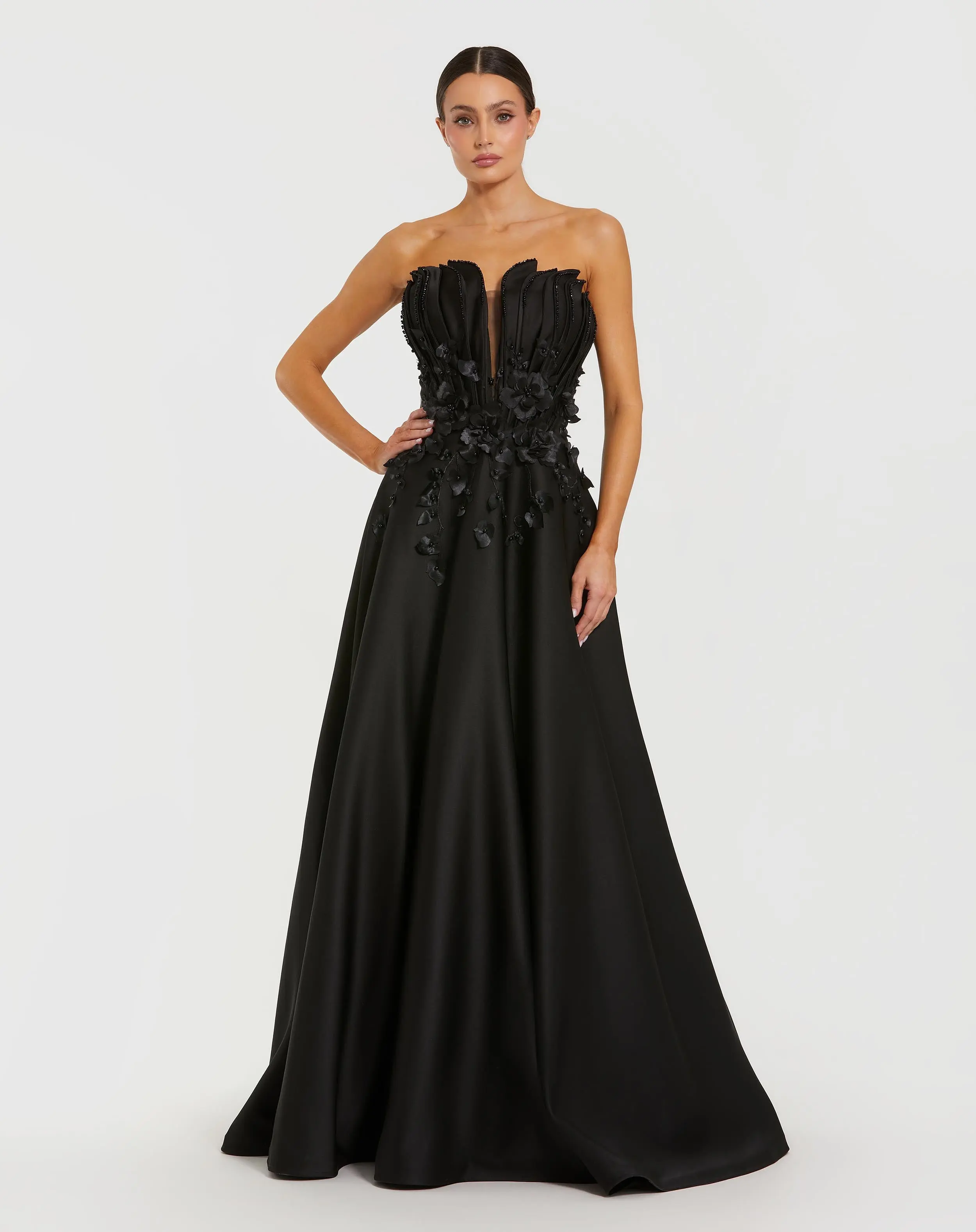 Black Strapless Satin Floral Embellished Ball Gown - Special Events Unlimited