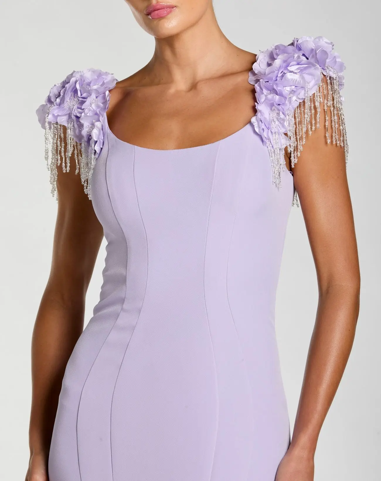 Purple 3D Floral Crystal Fringe Mermaid Gown - Special Events Unlimited