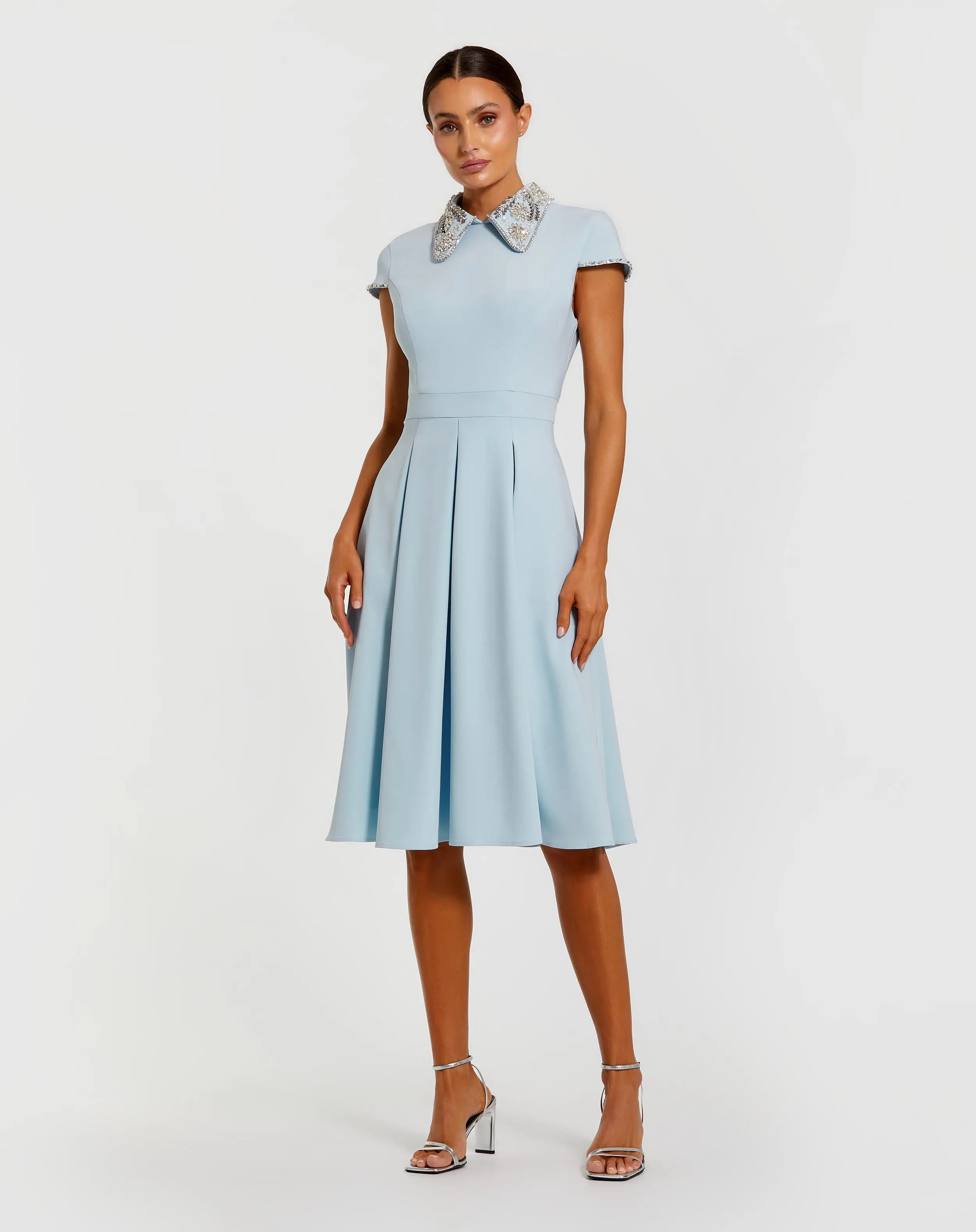 Blue Crepe Short Sleeve Midi Dress With Beading - Special Events Unlimited