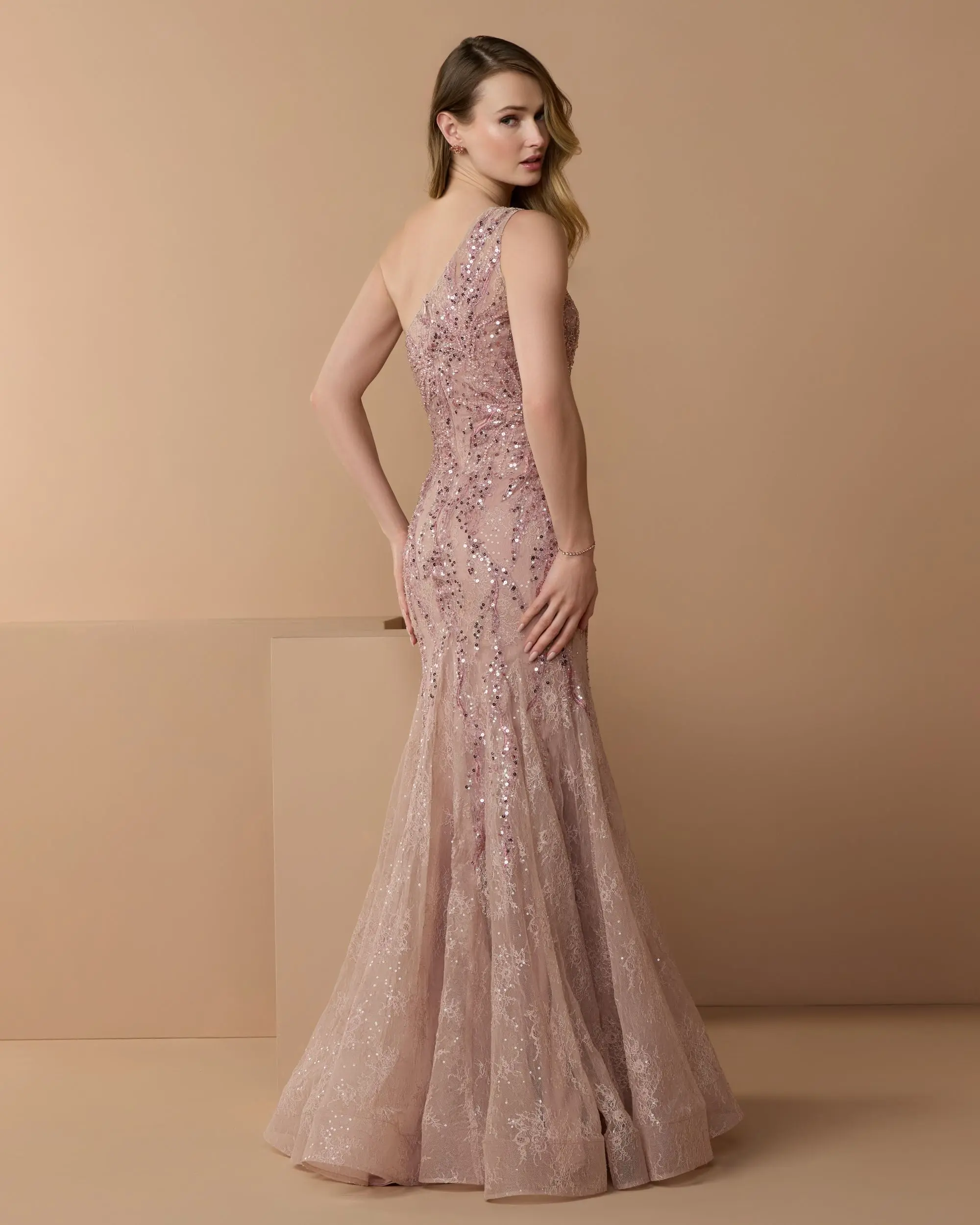 Pink Embellished Lace One Shoulder Mermaid Gown - Special Events Unlimited