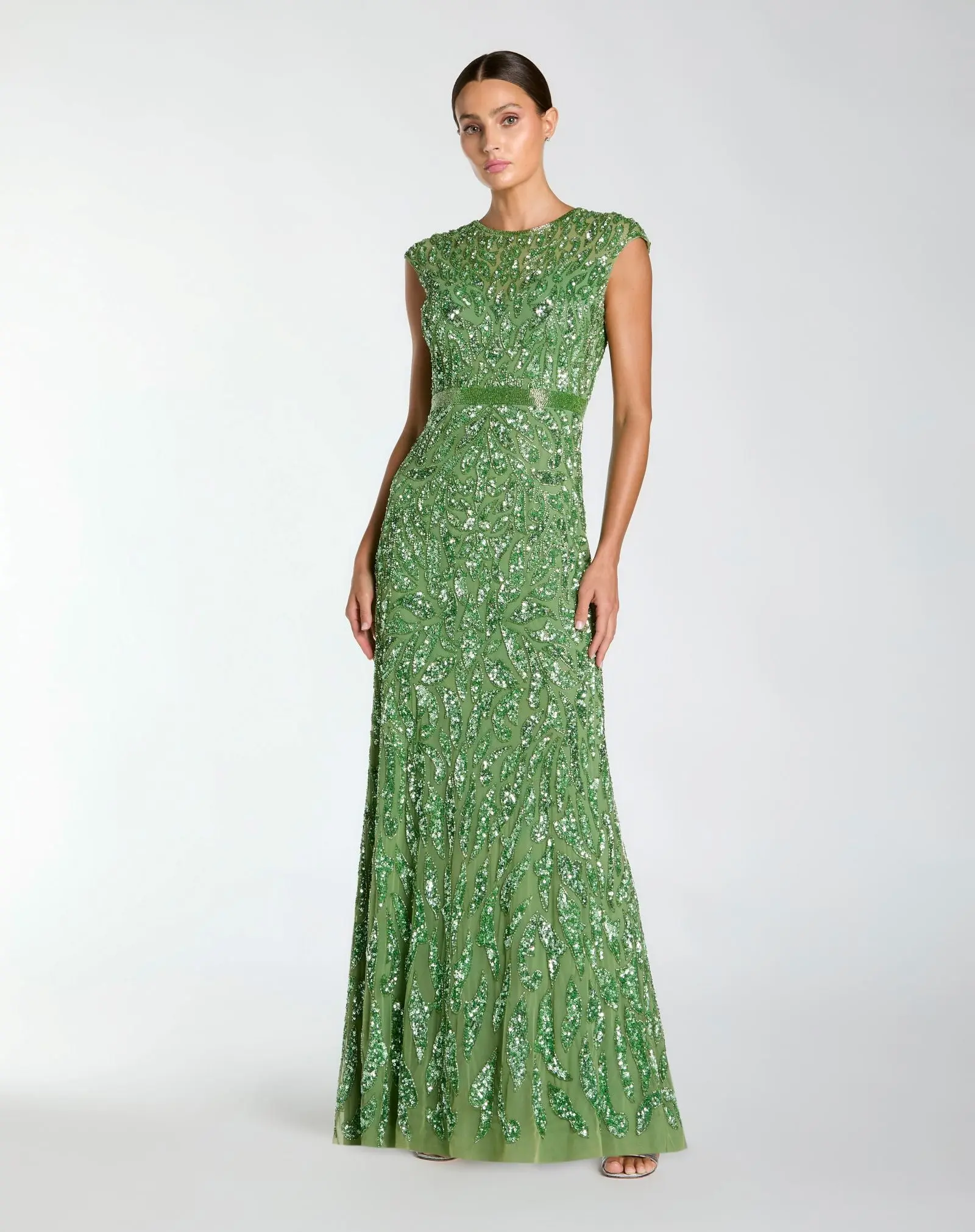 Green Embellished High Neck Cap Sleeve Gown - Special Events Unlimited