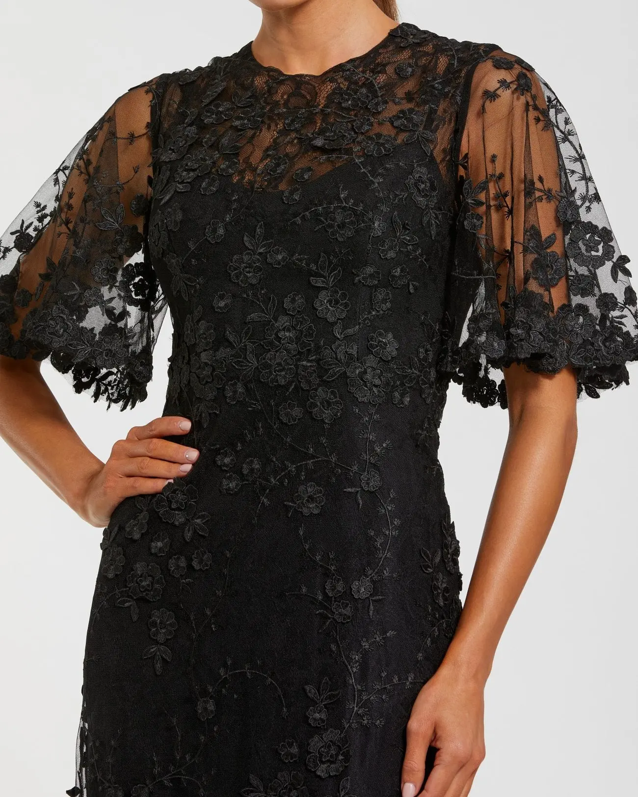 Black Flutter Sleeve Floral Embroidered Net Gown - Special Events Unlimited