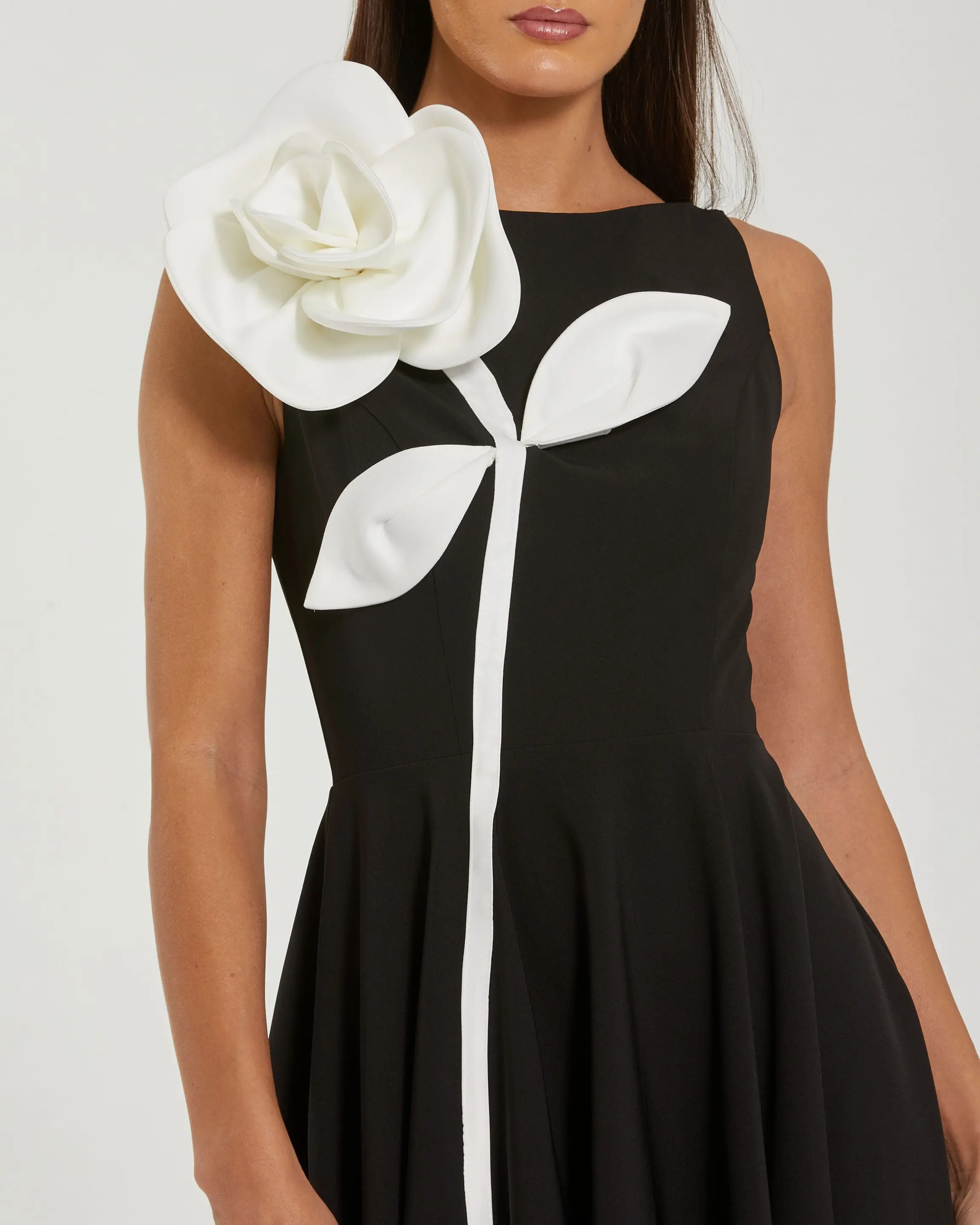 Black Crepe A Line Midi Dress with 3D Flower - Special Events Unlimited