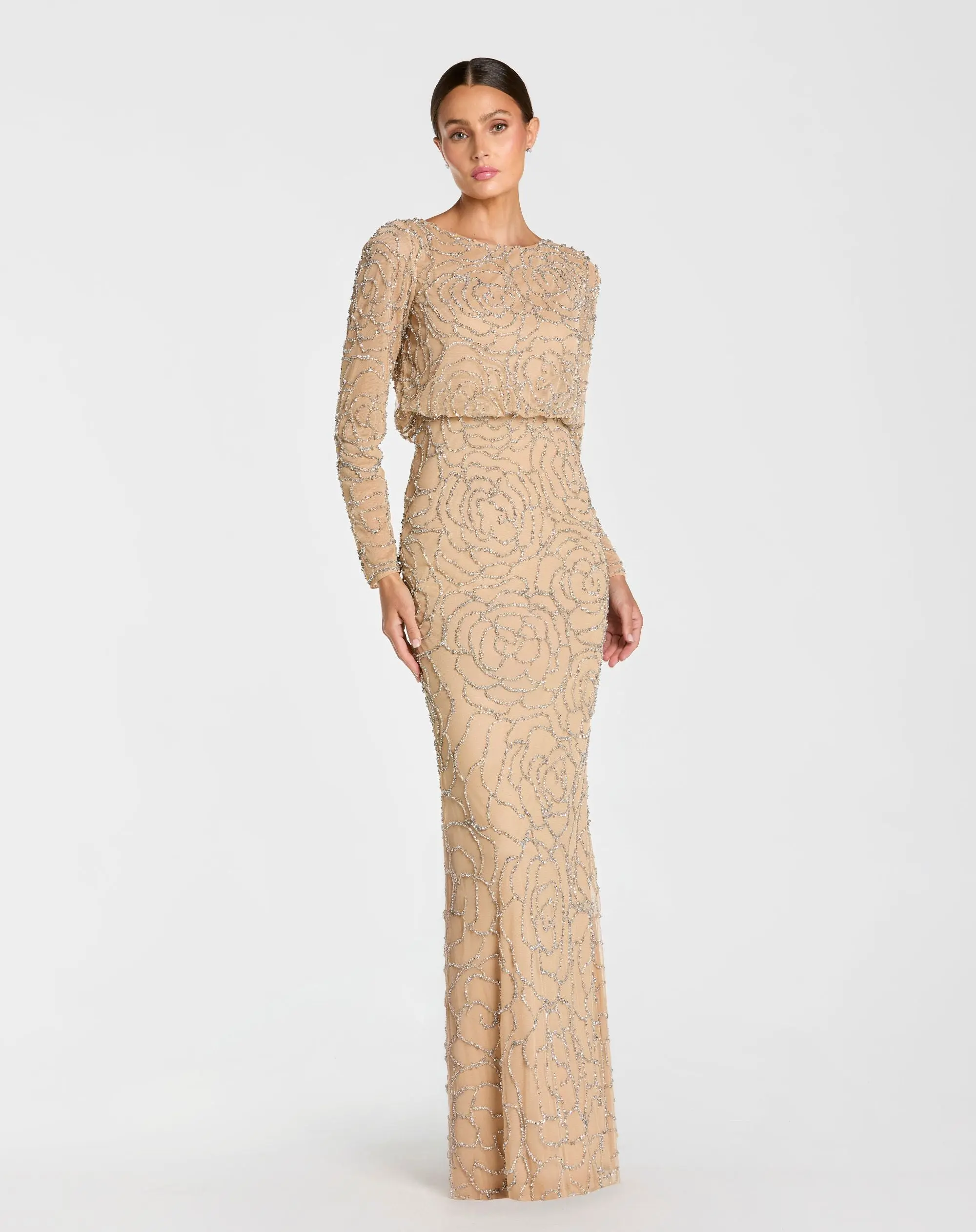 Beige Long Sleeve Beaded Blouson Gown - Special Events Unlimited