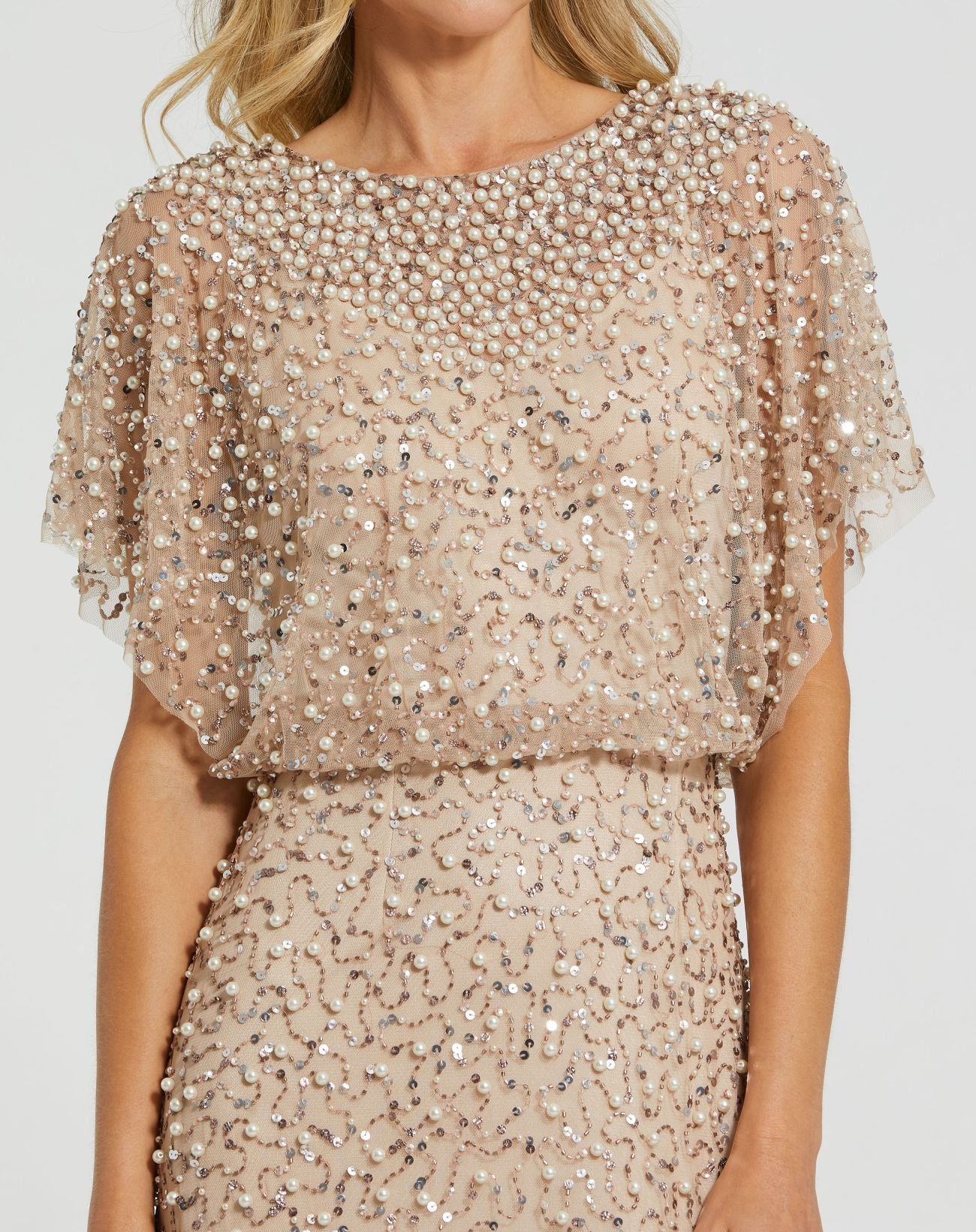 Petite Beige High Neck Short Sleeve Embellished Gown - Special Events Unlimited