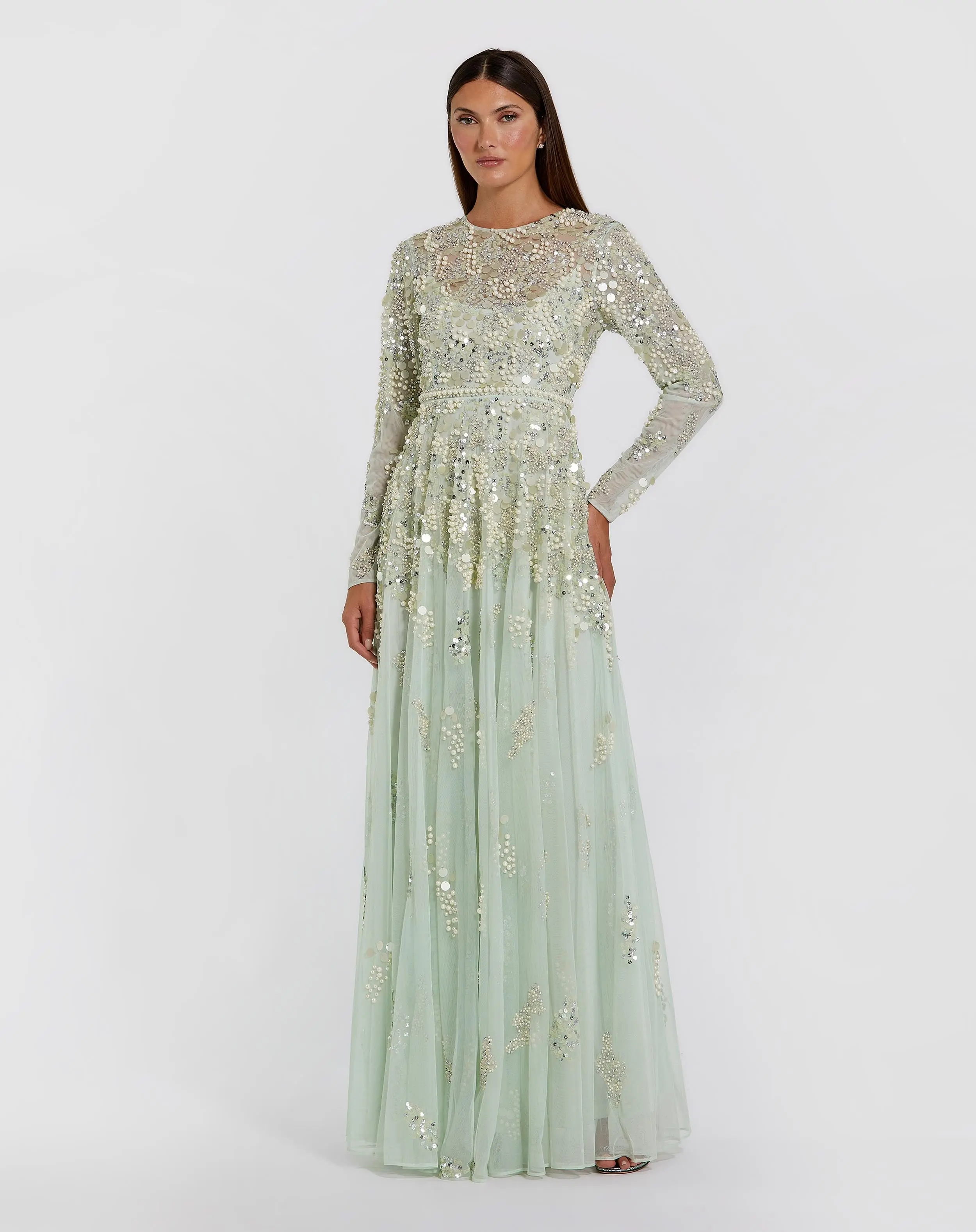 Green Pearl Embellished Long Sleeve Gown - Special Events Unlimited