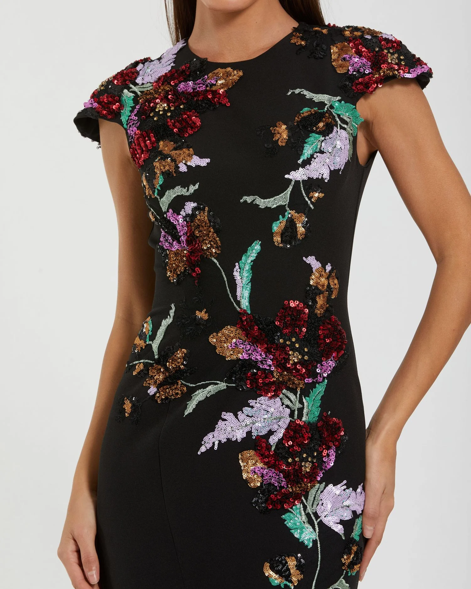 Black Floral Sequin Embellished Trumpet Gown - Special Events Unlimited