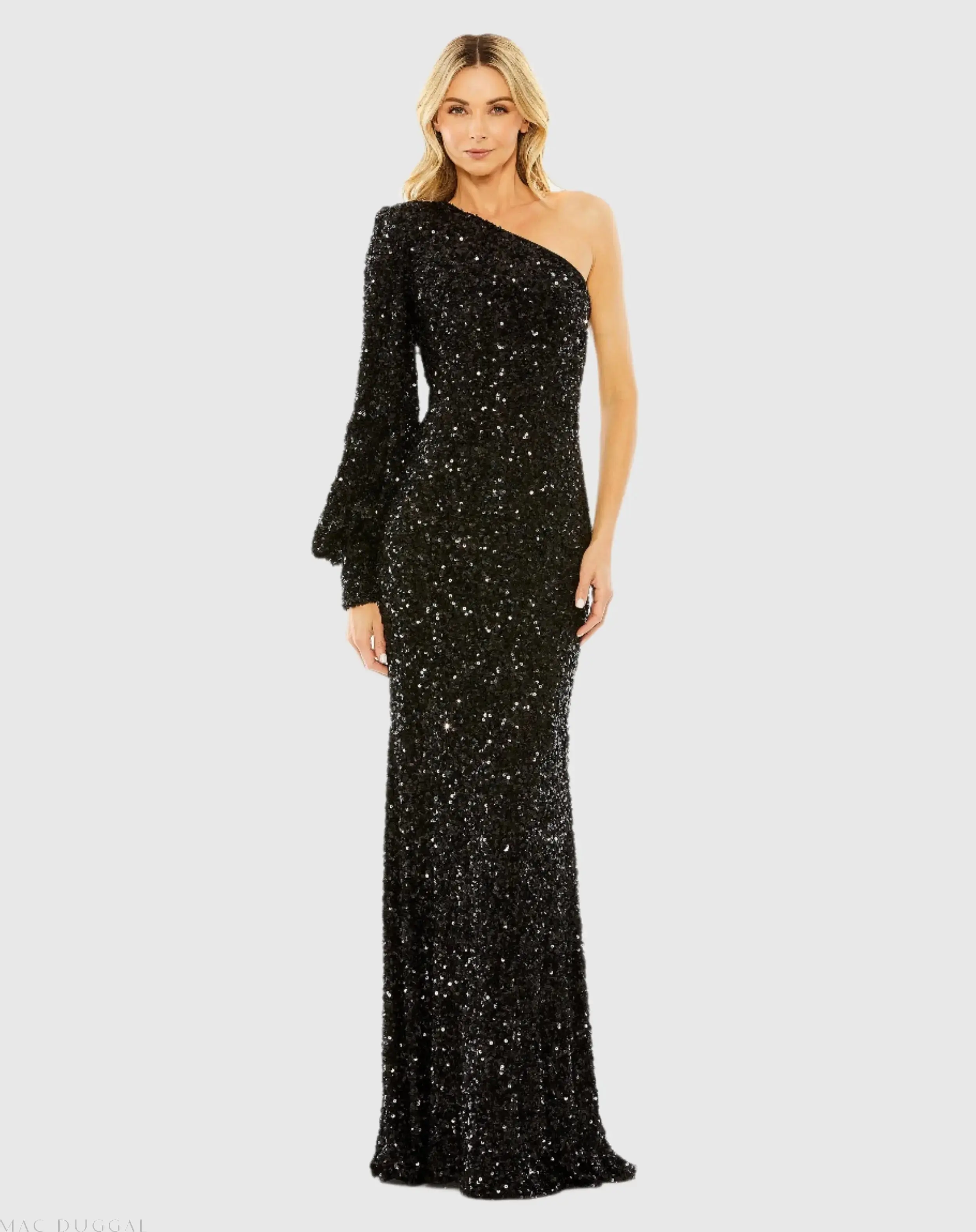 Black Sequined One Shoulder Bishop Sleeve Trumpet Gown - Special Events Unlimited