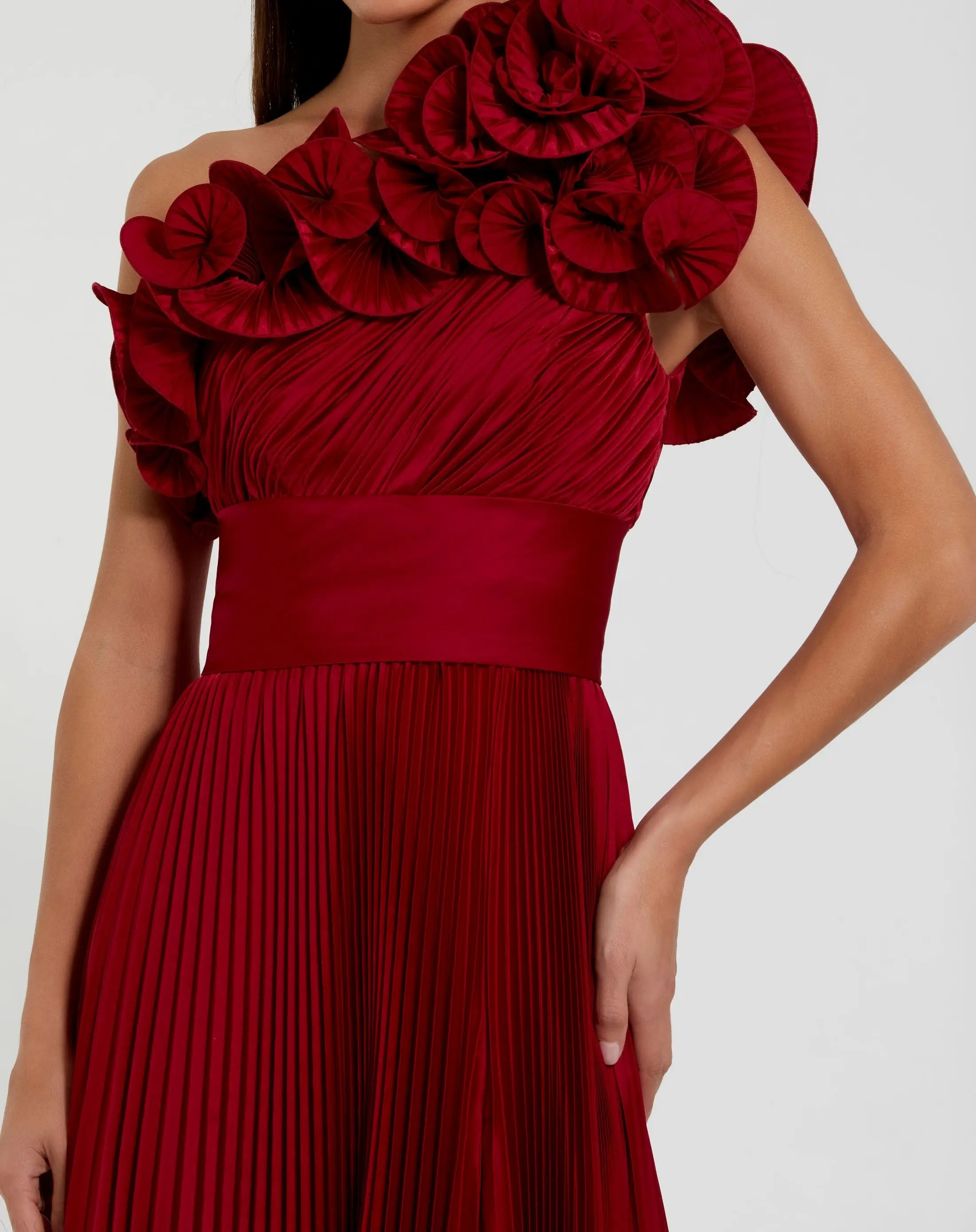Red Pleated Charmeuse One-Shoulder Evening Gown with Ruffle Detail - Special Events Unlimited