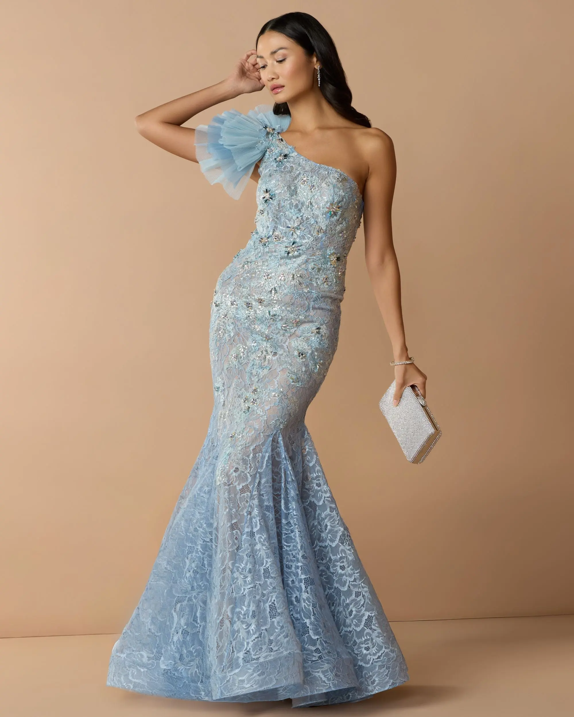 Blue Sleeveless One Shoulder Embroidered Mermaid Gown - Special Events Unlimited