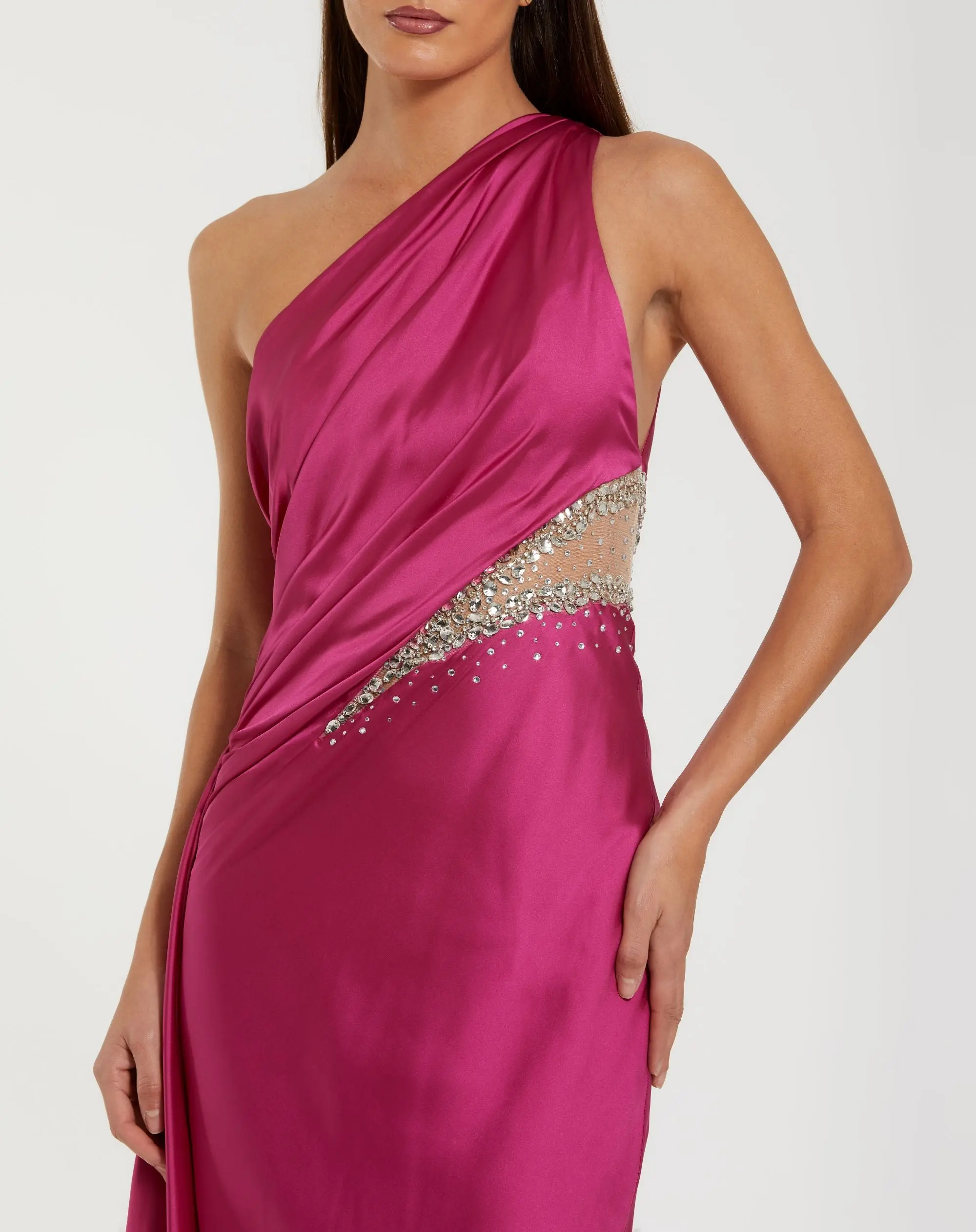 Dark Pink One Shoulder Charmeuse Gown With Beaded Cutout - Special Events Unlimited