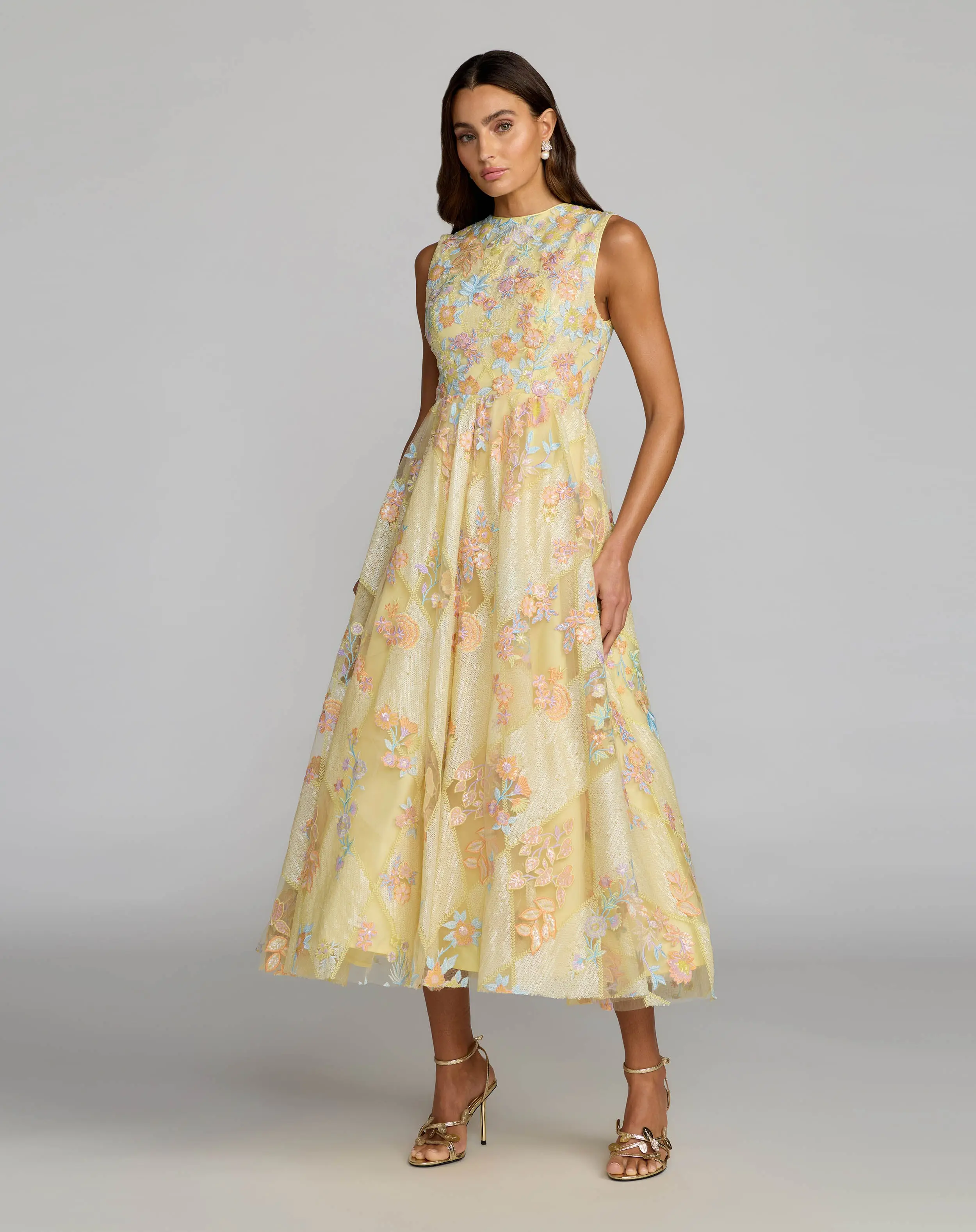 Yellow Sleeveless Embroidered A-Line Midi Dress - Special Events Unlimited