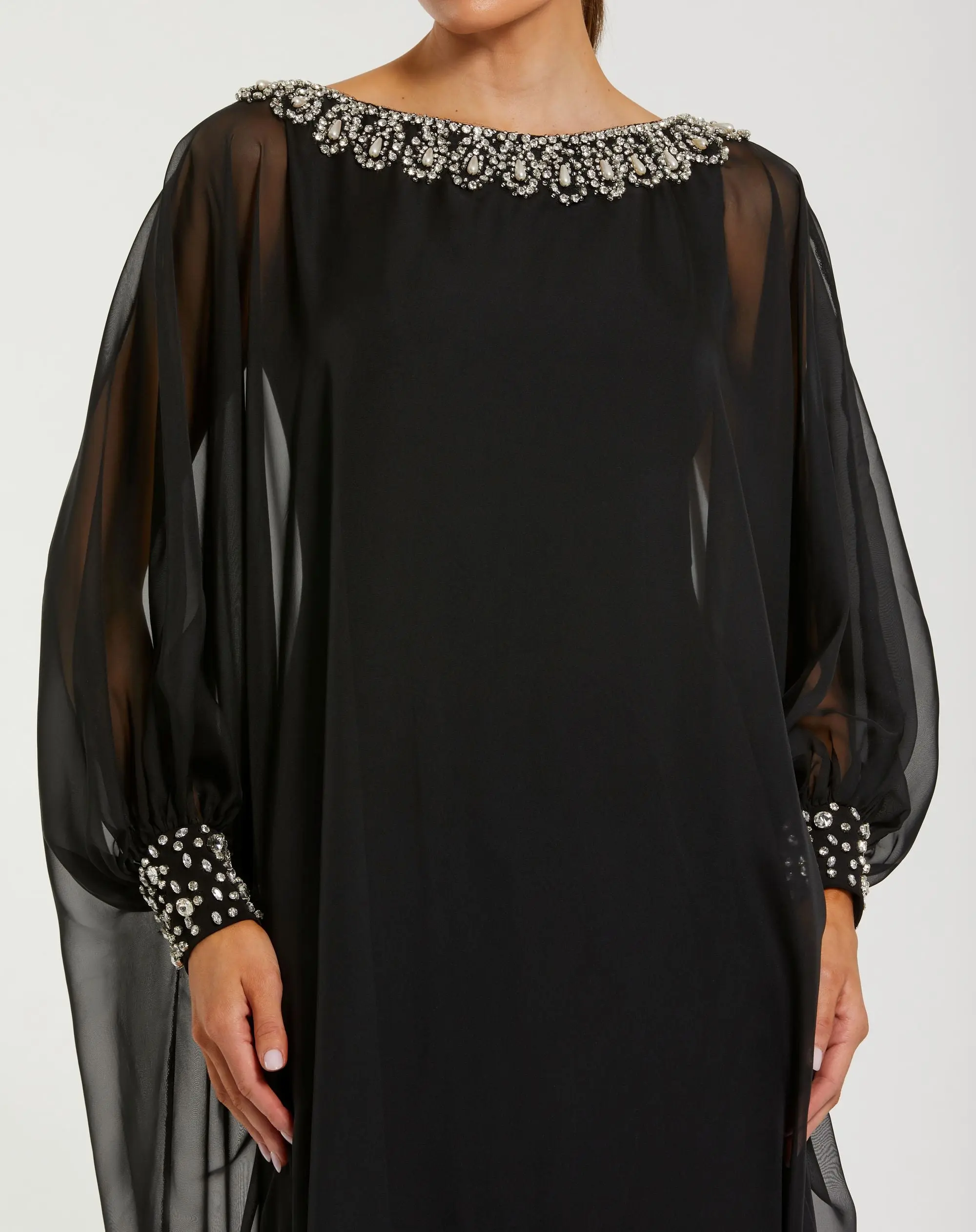 Black Long Sleeve Embellished Chiffon Kaftan Gown - Special Events Unlimited