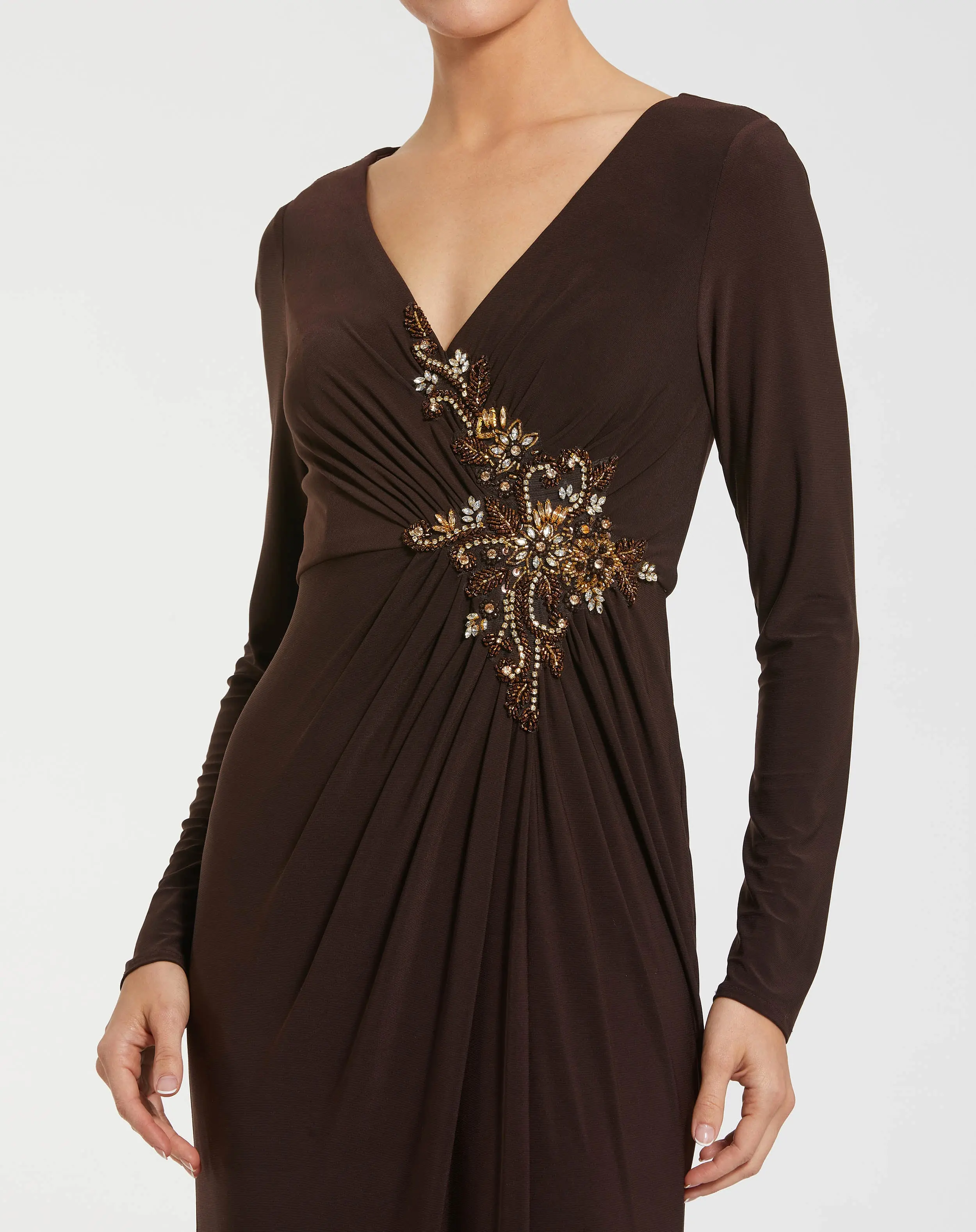 Brown Faux Wrap Long Sleeve Evening Gown with Appliqué Detail - Special Events Unlimited