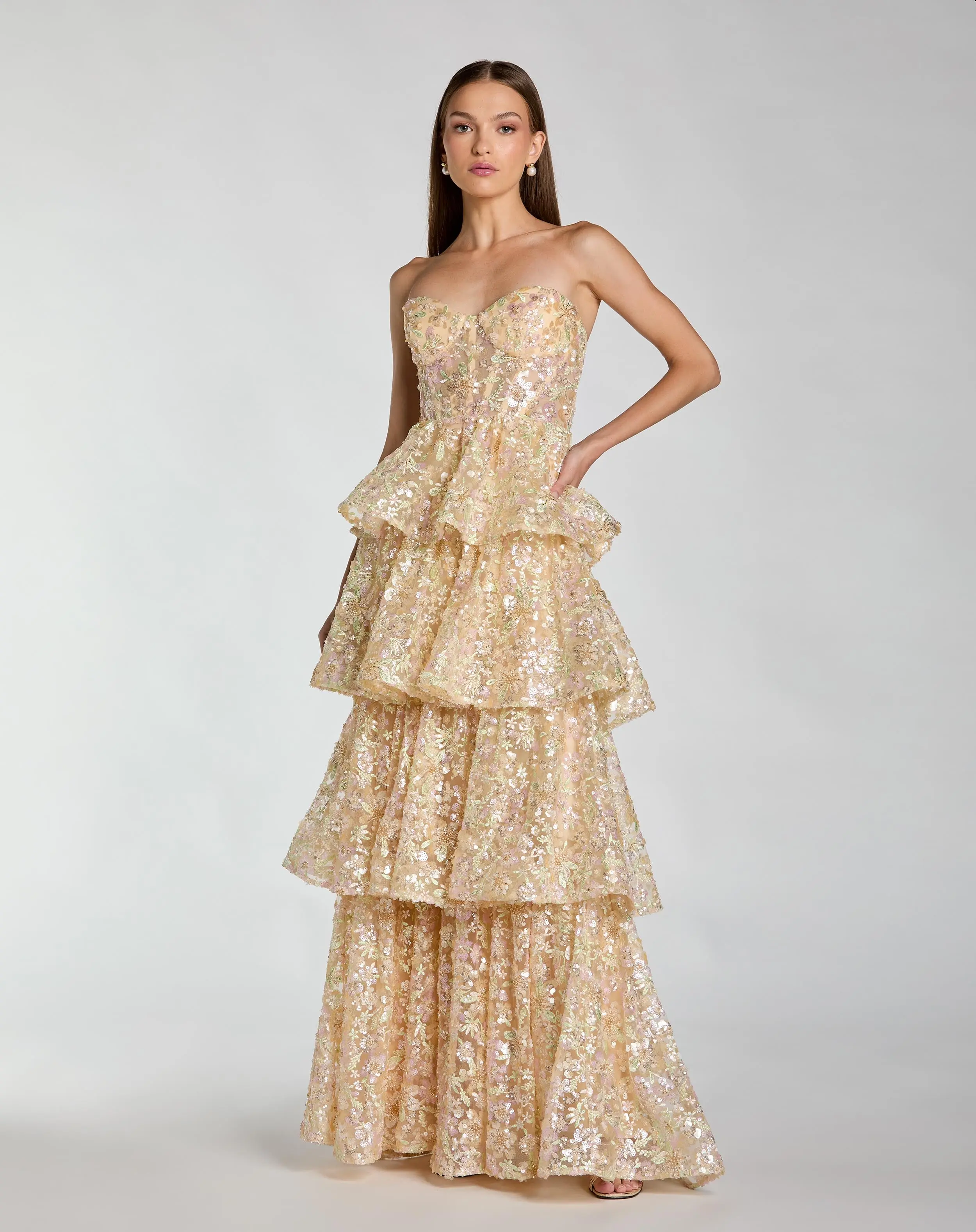 Gold Embellished Strapless Sweetheart Ruffle Gown - Special Events Unlimited