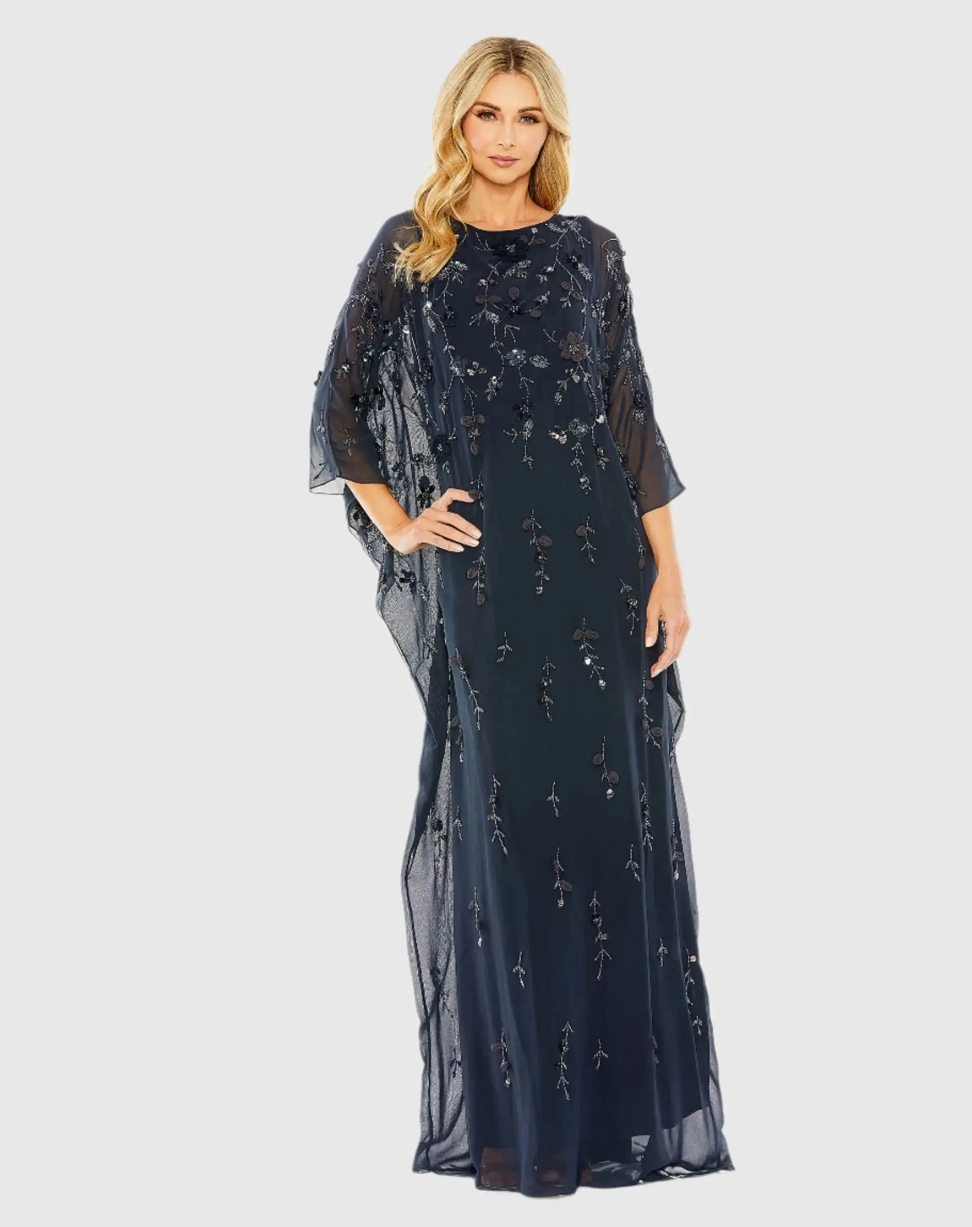 Navy Floral Embellished Kaftan Gown - Special Events Unlimited