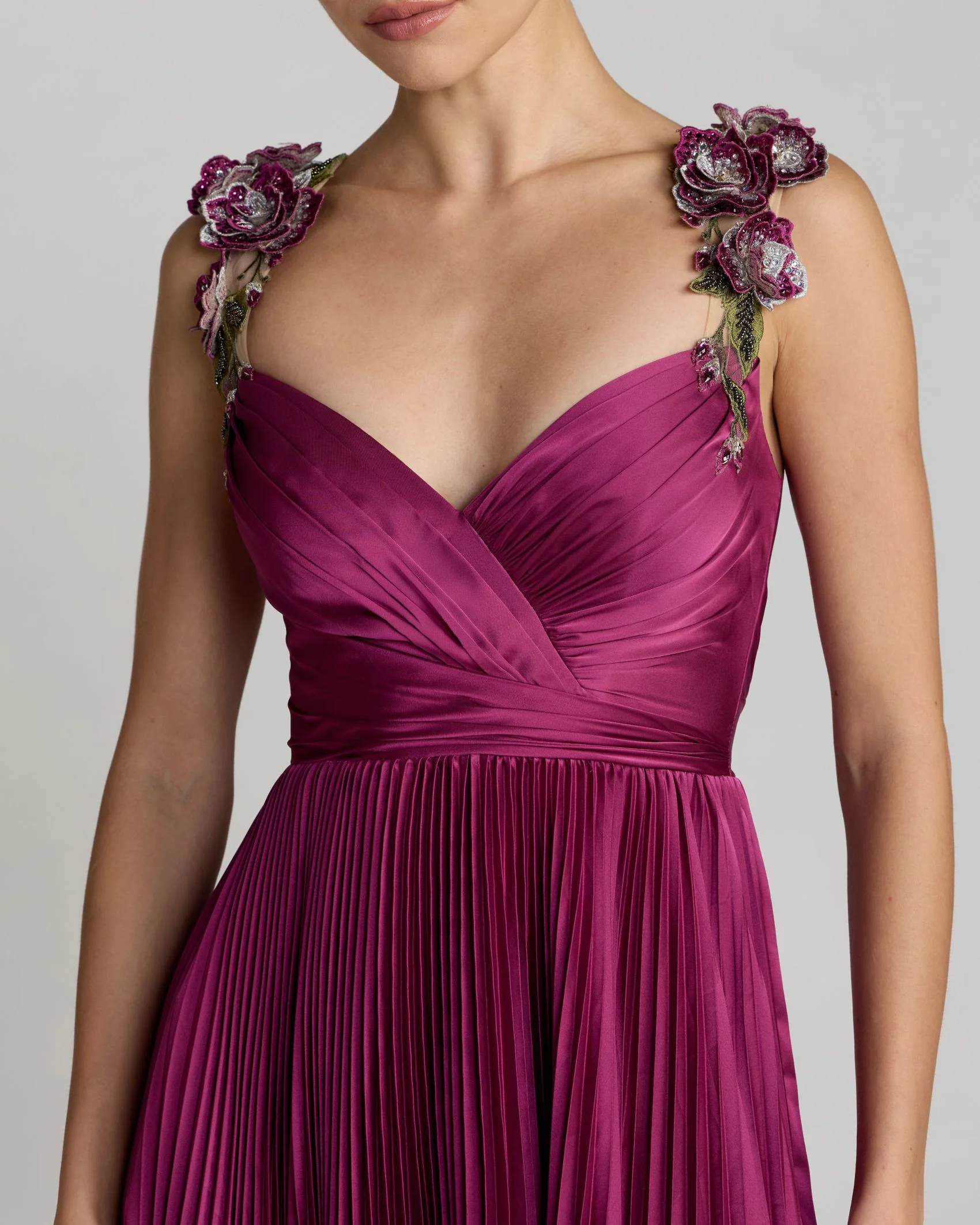 Purple Pleated High Low Gown With 3D Floral Straps - Special Events Unlimited
