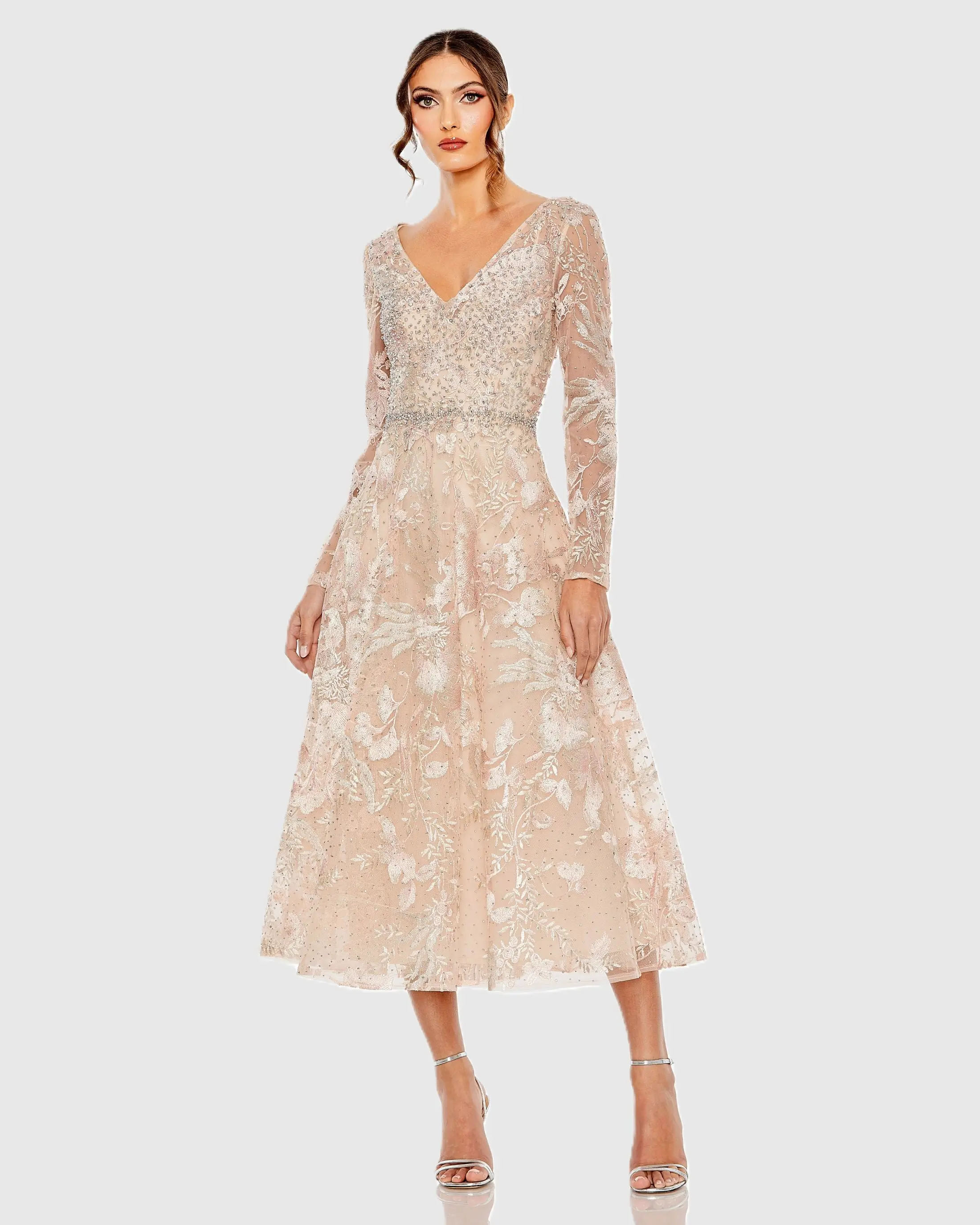 Light Pink Embroidered Long Sleeve Midi Dress - Special Events Unlimited