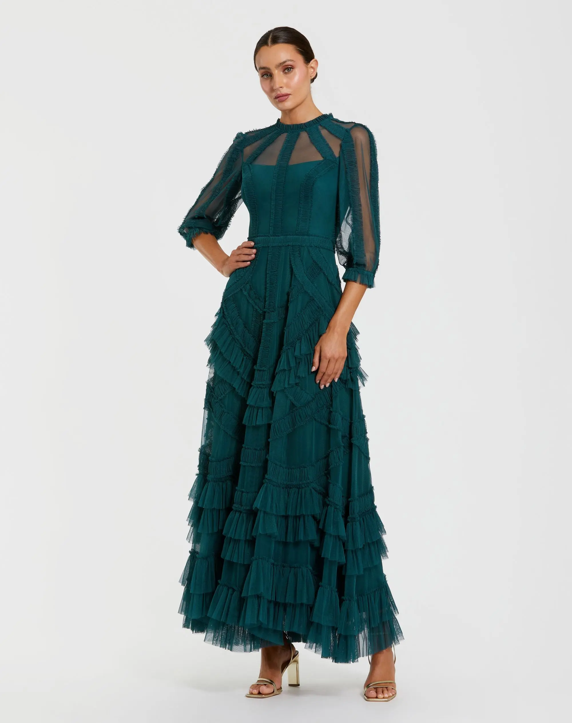 Teal High Neck Micro Ruffle Dress with 3/4 Puff Sleeves - Special Events Unlimited