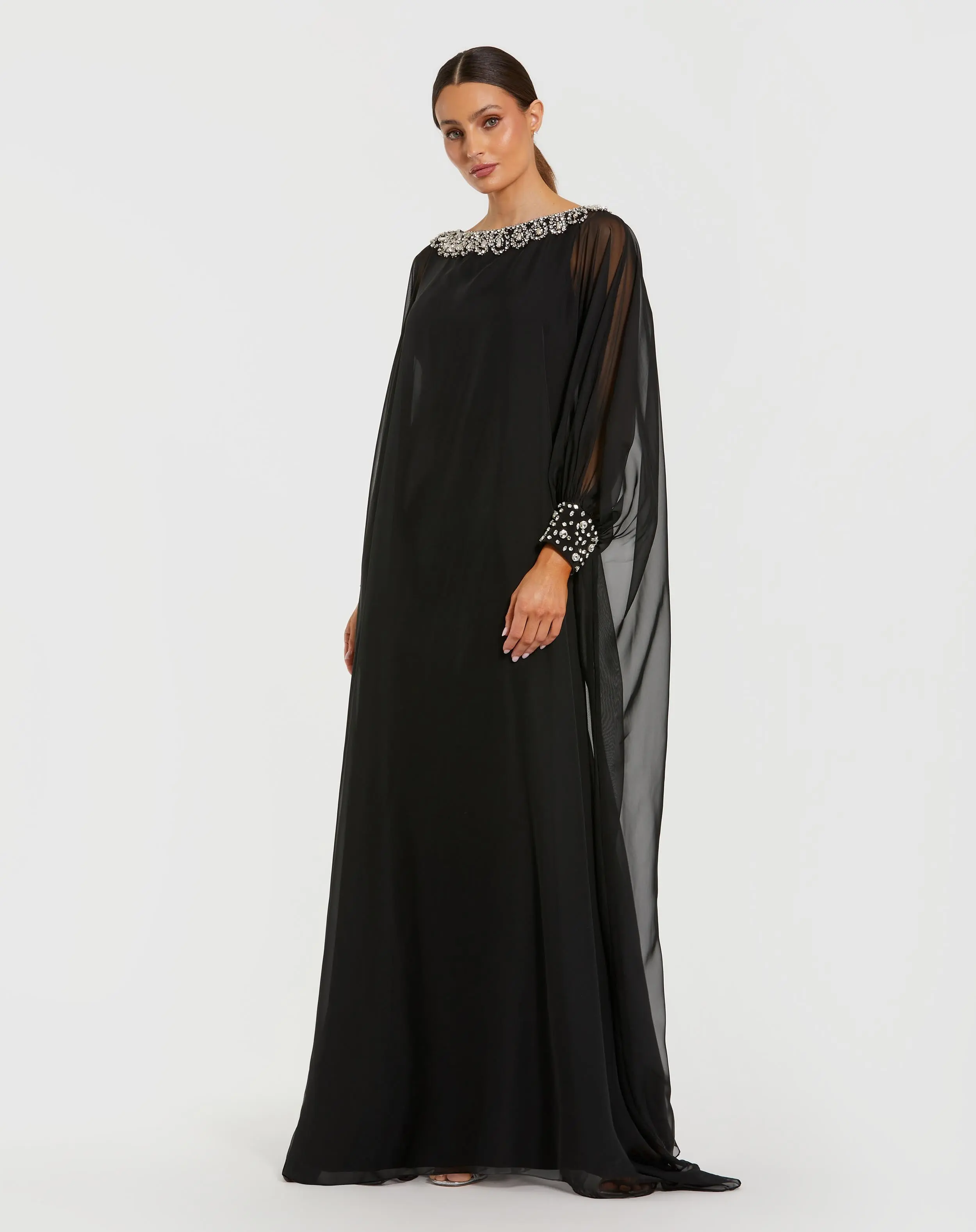 Black Long Sleeve Embellished Chiffon Kaftan Gown - Special Events Unlimited