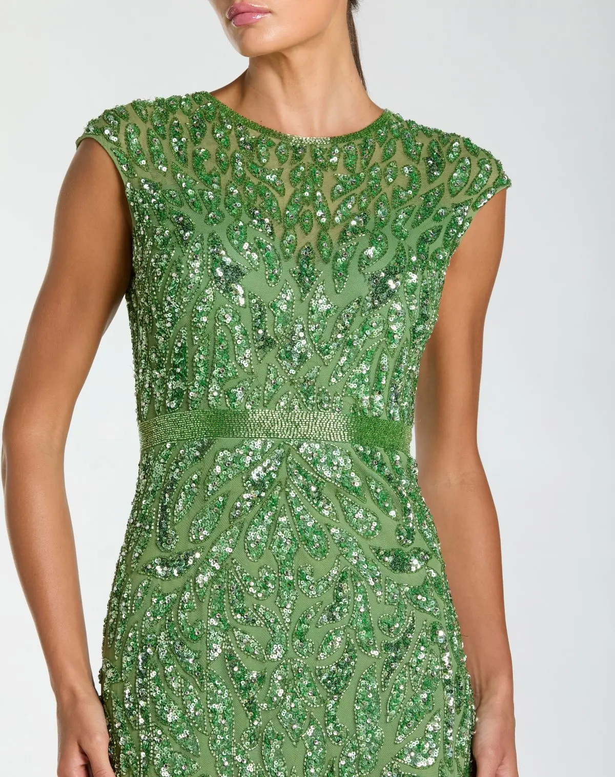 Green Embellished High Neck Cap Sleeve Gown - Special Events Unlimited