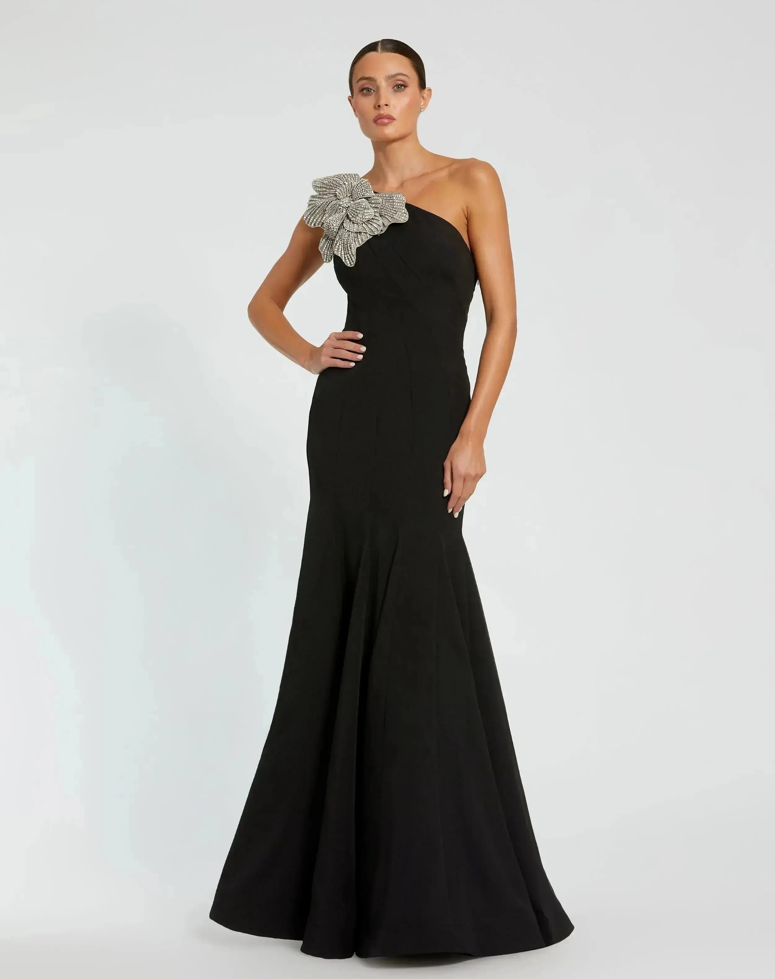 Petite Black Crepe One Shoulder Mermaid Gown With Flower - Special Events Unlimited