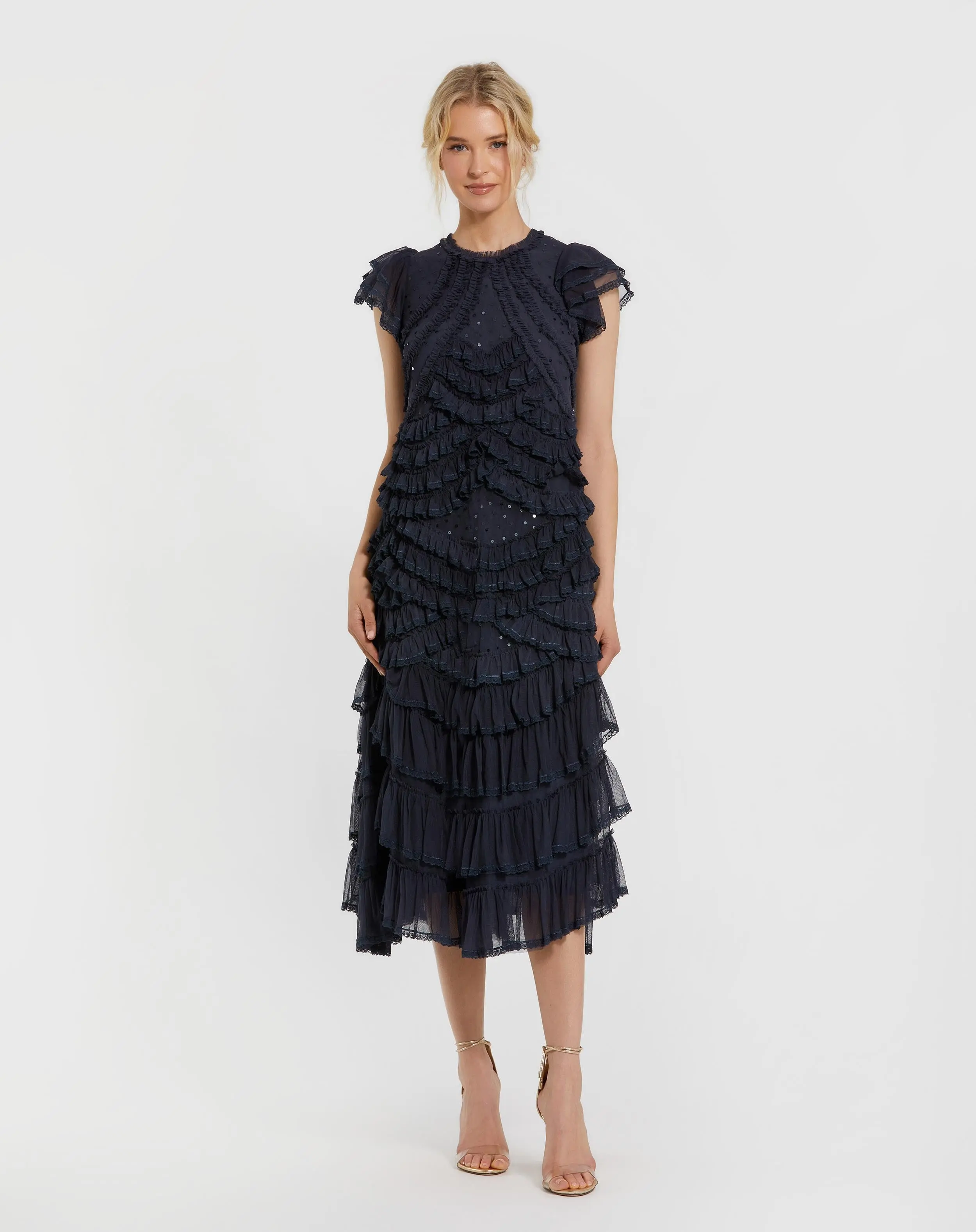Navy High Neck Cap Sleeve Micro Ruffle Midi Dress - Special Events Unlimited