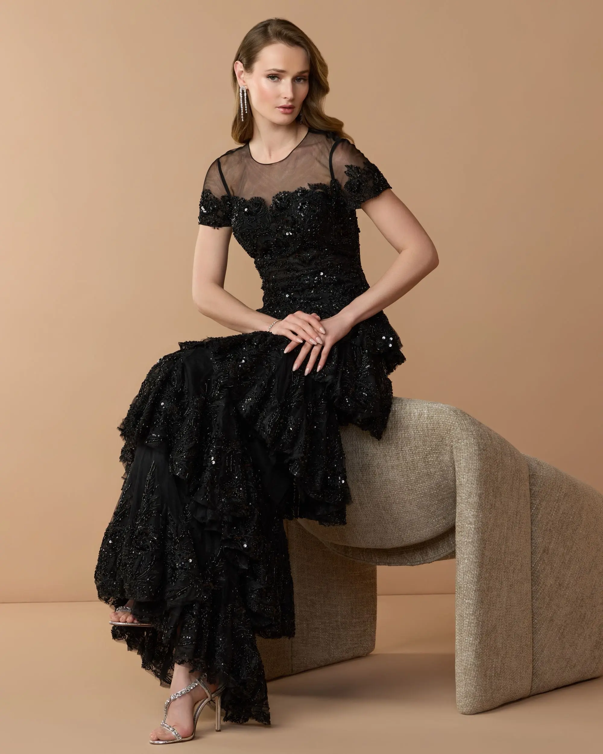 Black Embellished High Neck Gown With Tiered Ruffle Skirt - Special Events Unlimited