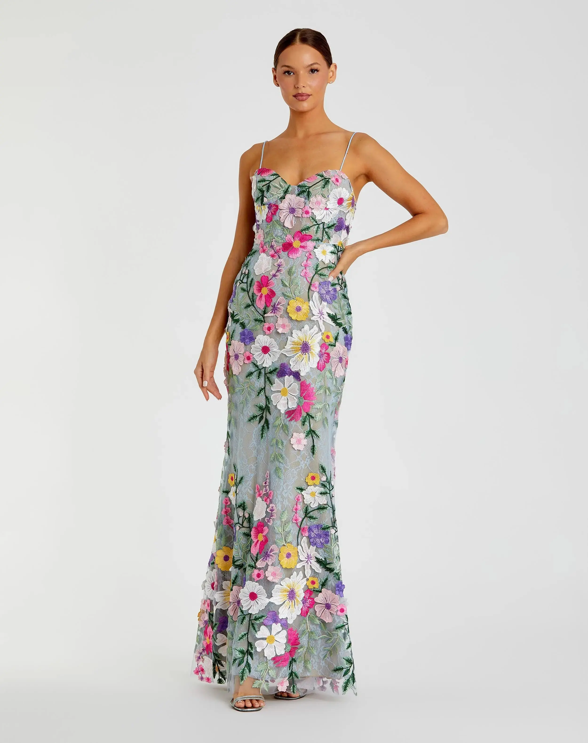 Petite Green Floral Embroidered Sleeveless Bustier Gown - Special Events Unlimited