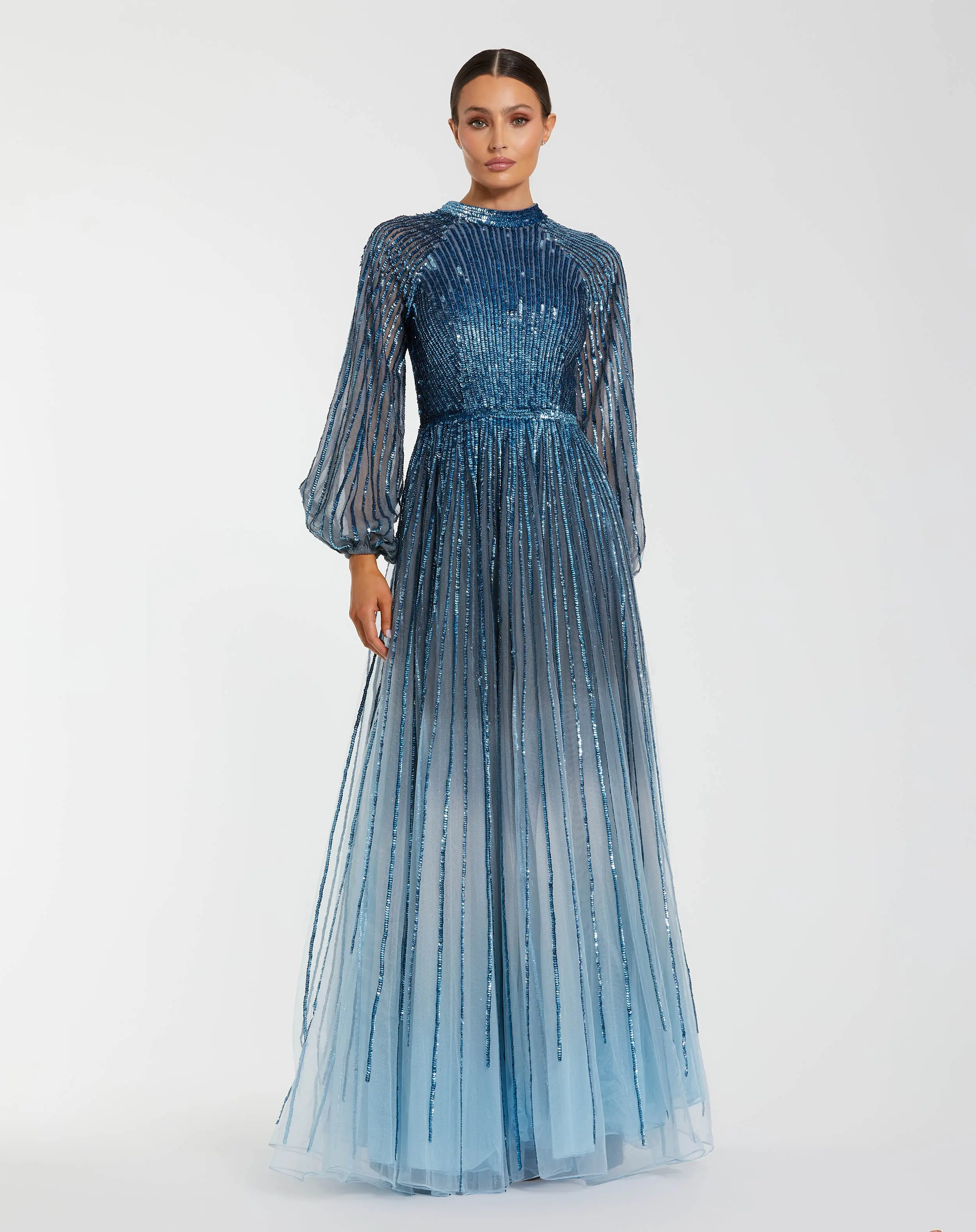 Blue Ombré Sequin Long Sleeve A-Line Evening Dress - Special Events Unlimited