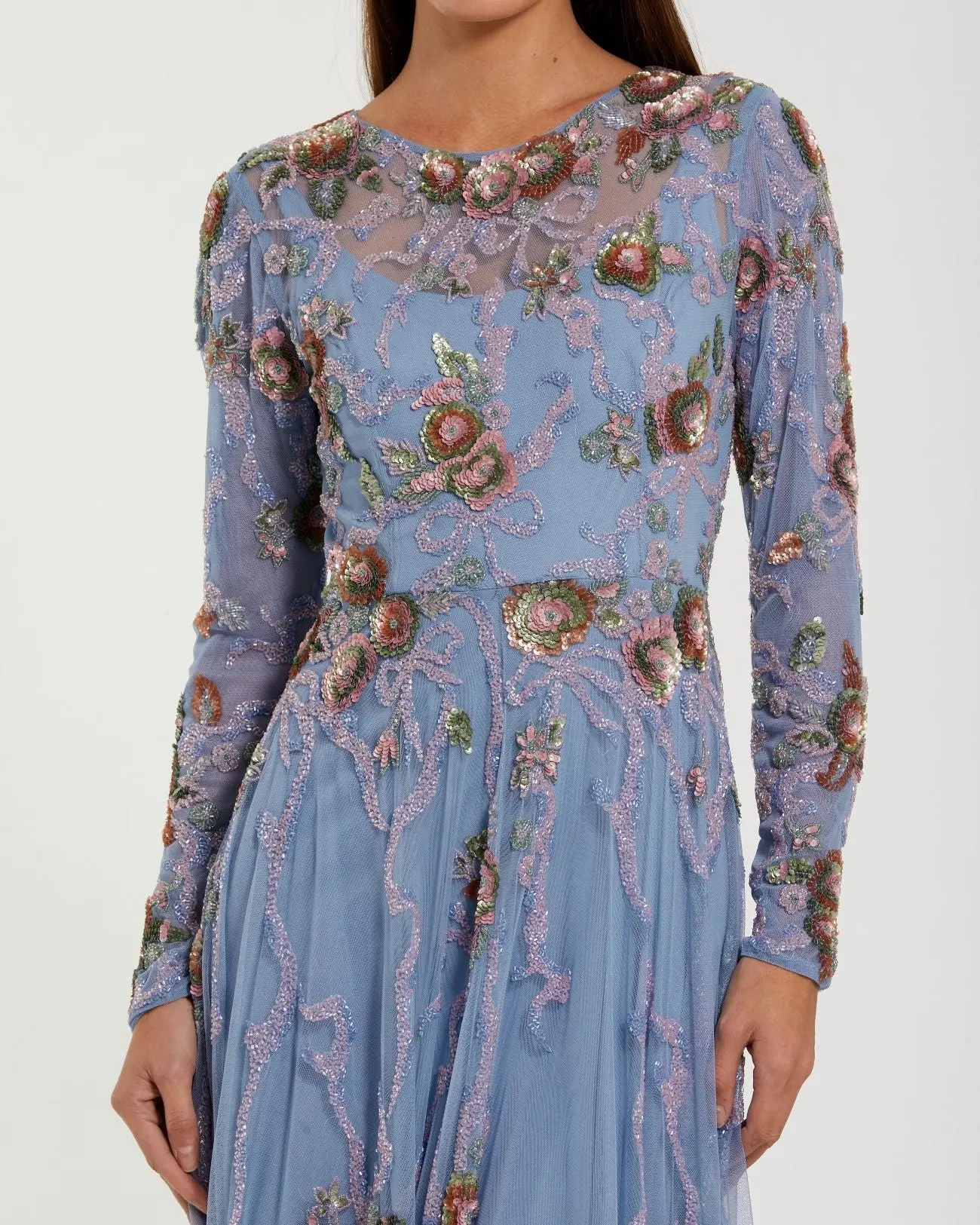 Blue Floral Bow Beaded Long Sleeve Gown - Special Events Unlimited