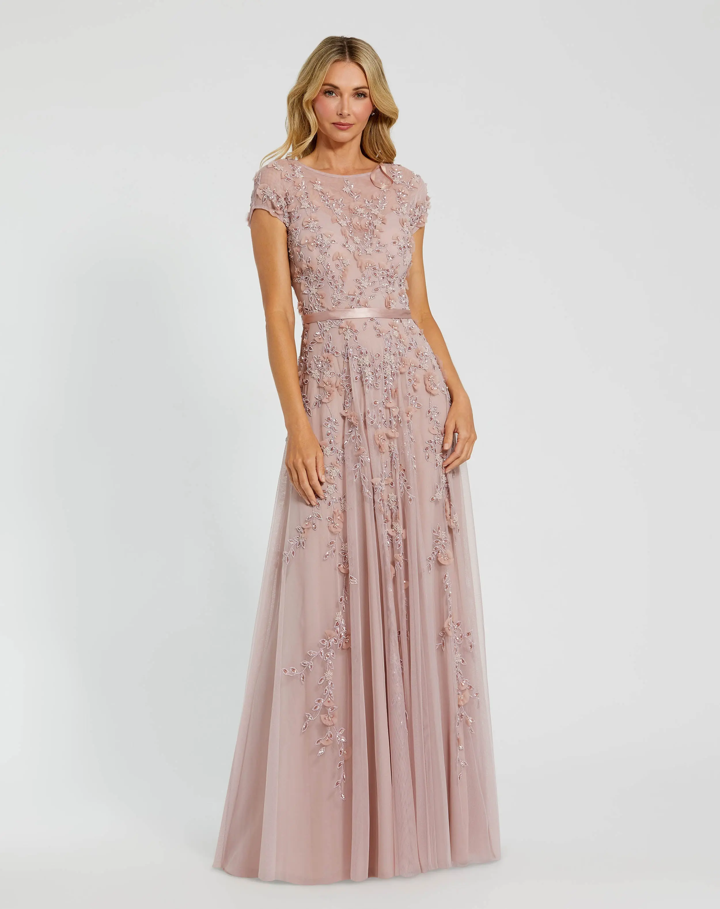 Petite Pink Floral Embellished Cap Sleeve Gown - Special Events Unlimited