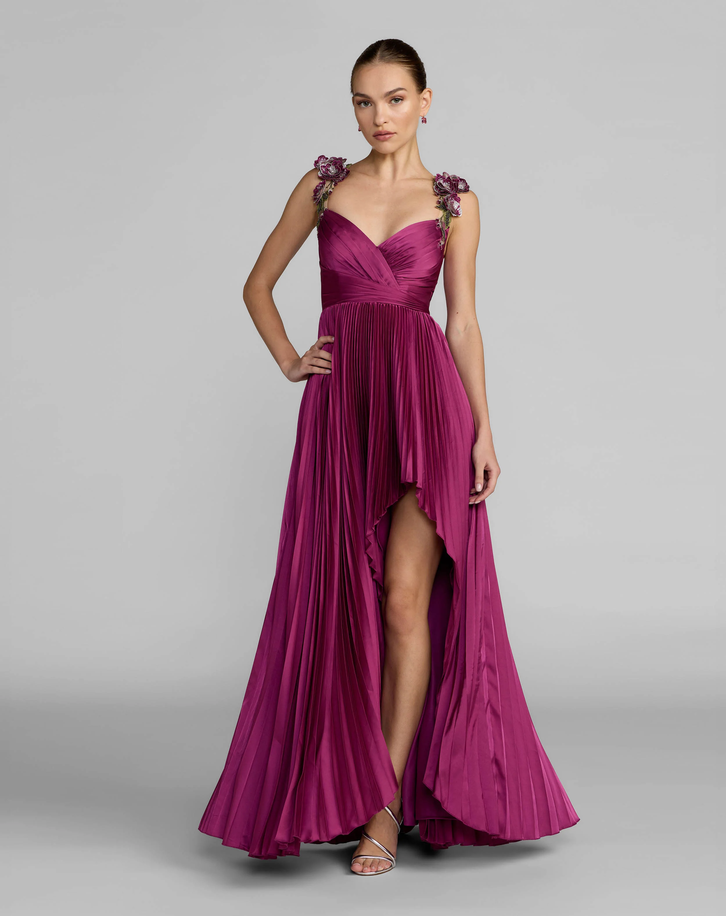 Purple Pleated High Low Gown With 3D Floral Straps - Special Events Unlimited