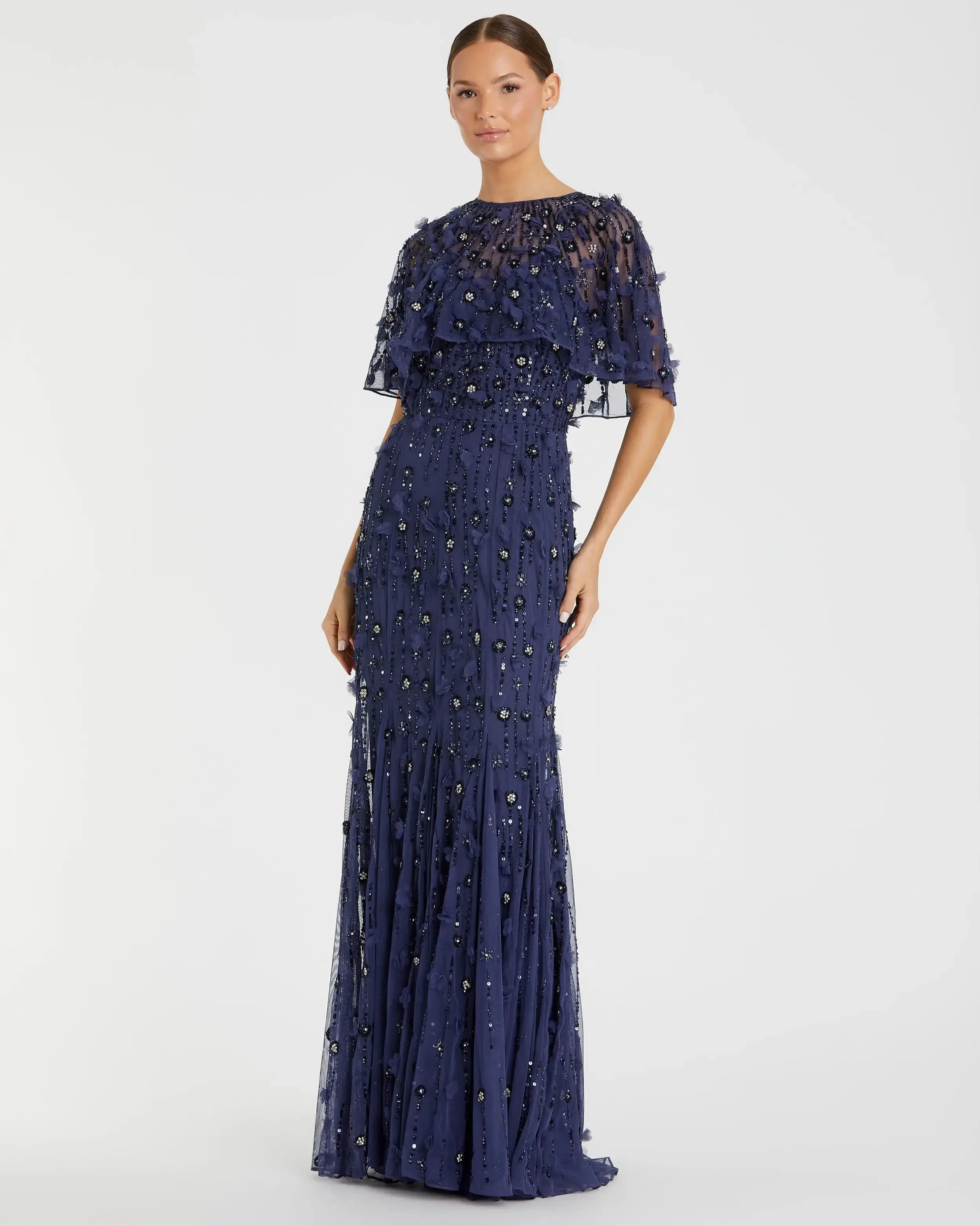 Navy Embellished Illusion Cape Sleeve Trumpet Gown - Special Events Unlimited