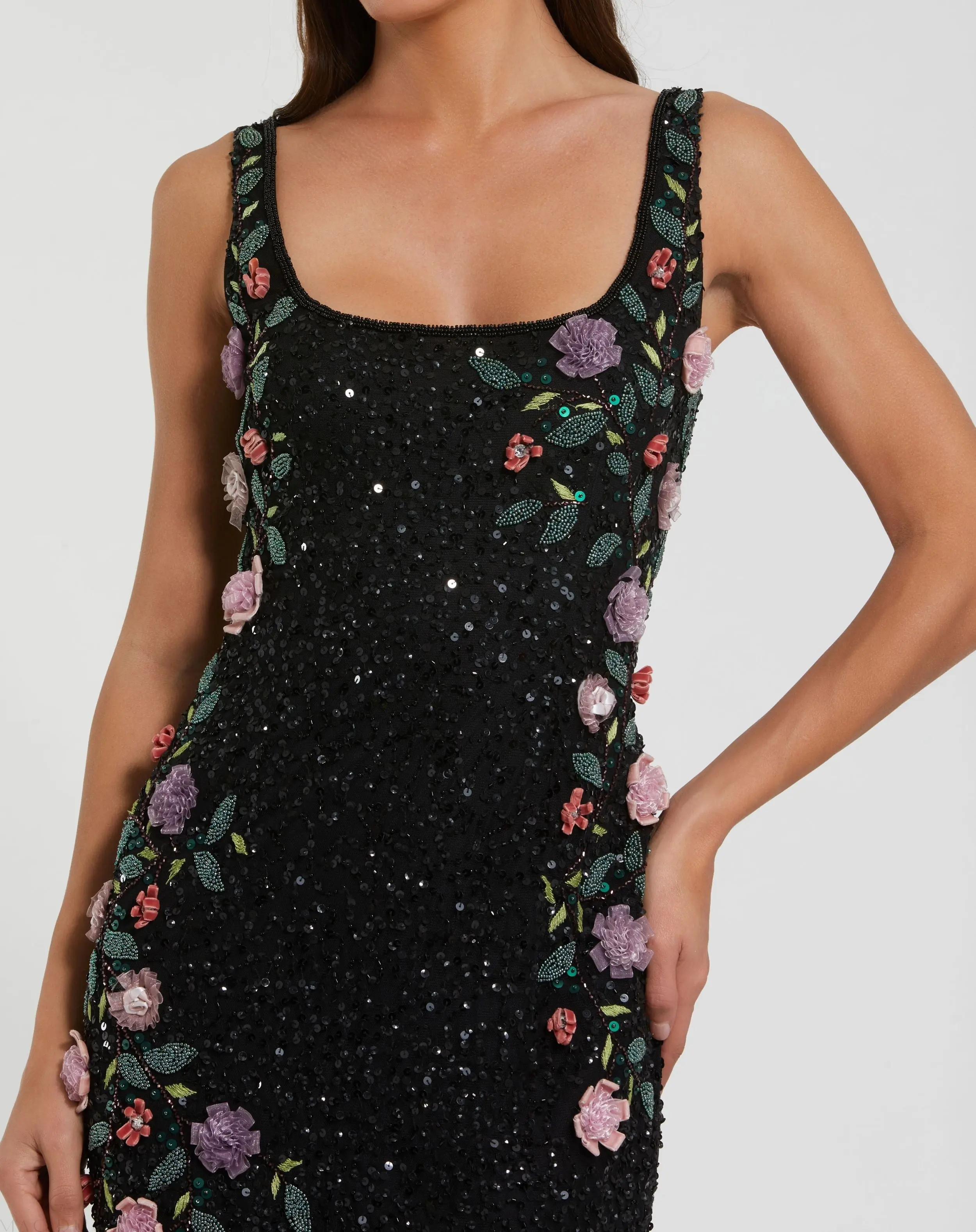 Black Floral Beaded Mesh Scoop Neck Sleeveless Gown - Special Events Unlimited