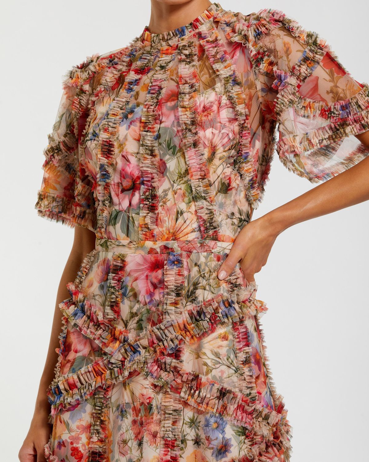 Multicolor Floral Midi Dress with Ruffle Detailing - Special Events Unlimited