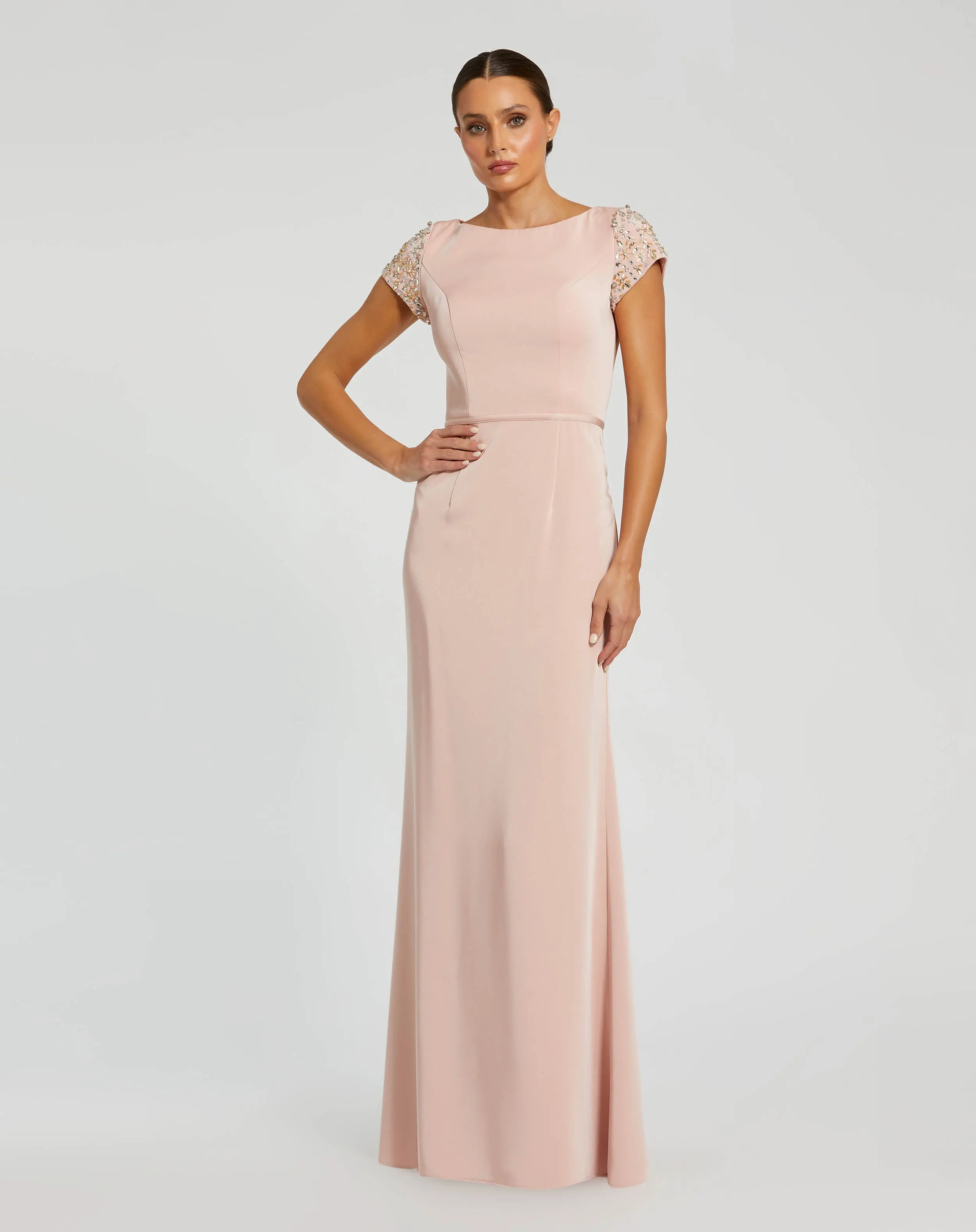 Light Pink Beaded Cap Sleeve Satin Column Gown - Special Events Unlimited