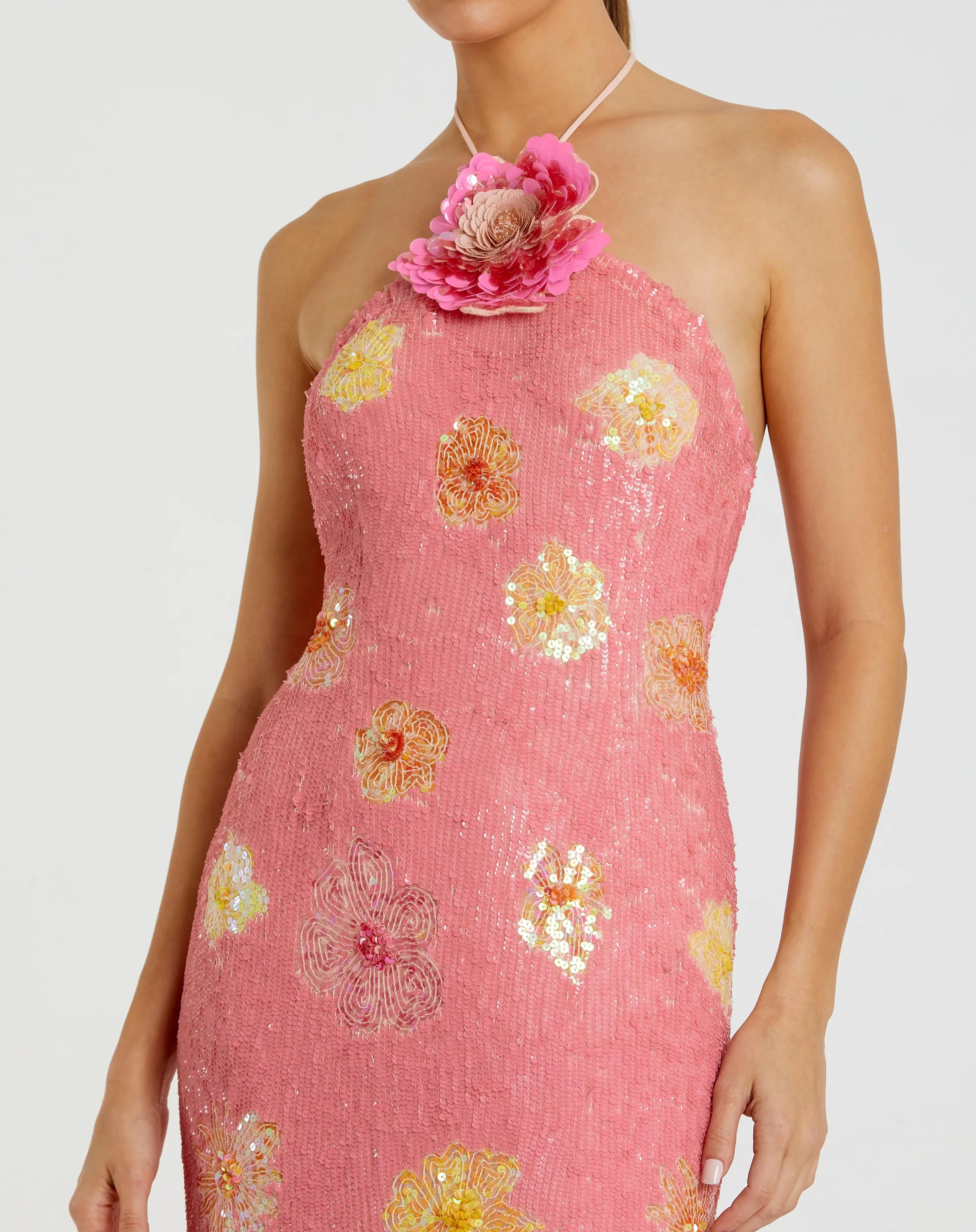 Pink Floral Sequin Halter Gown With 3D Flower - Special Events Unlimited