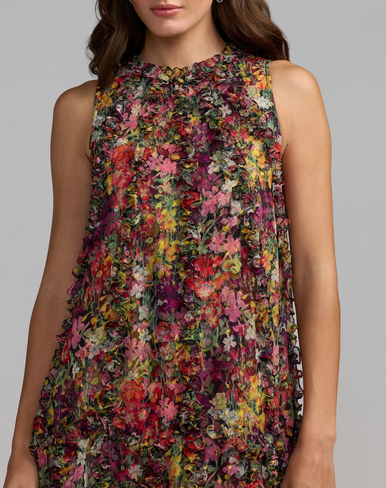 Multicolor Sleeveless Floral Micro Ruffle Trapeze Midi Dress - Special Events Unlimited