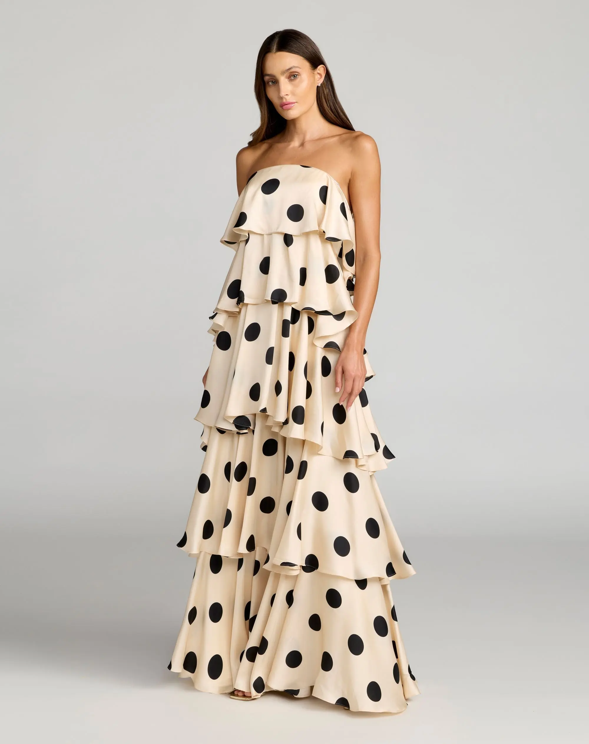 Beige Strapless Polka Dot Charmeuse Ruffle Gown - Special Events Unlimited