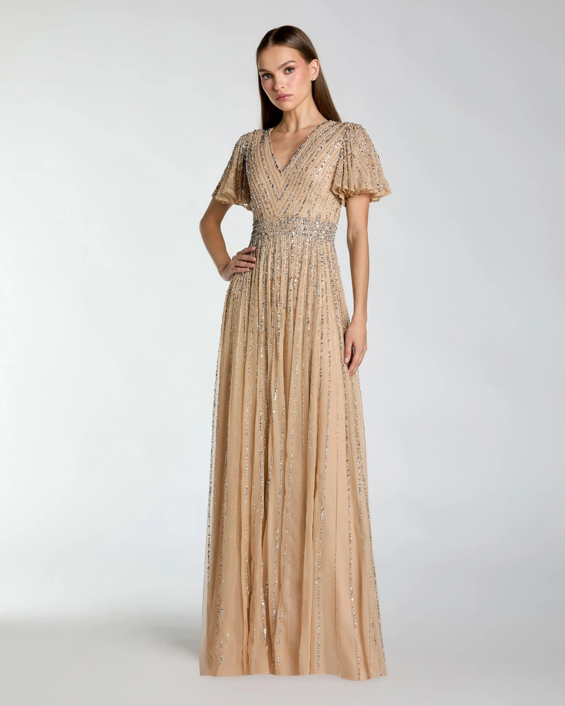 Beige Sequin V-Neck Flutter Sleeve Gown - Special Events Unlimited