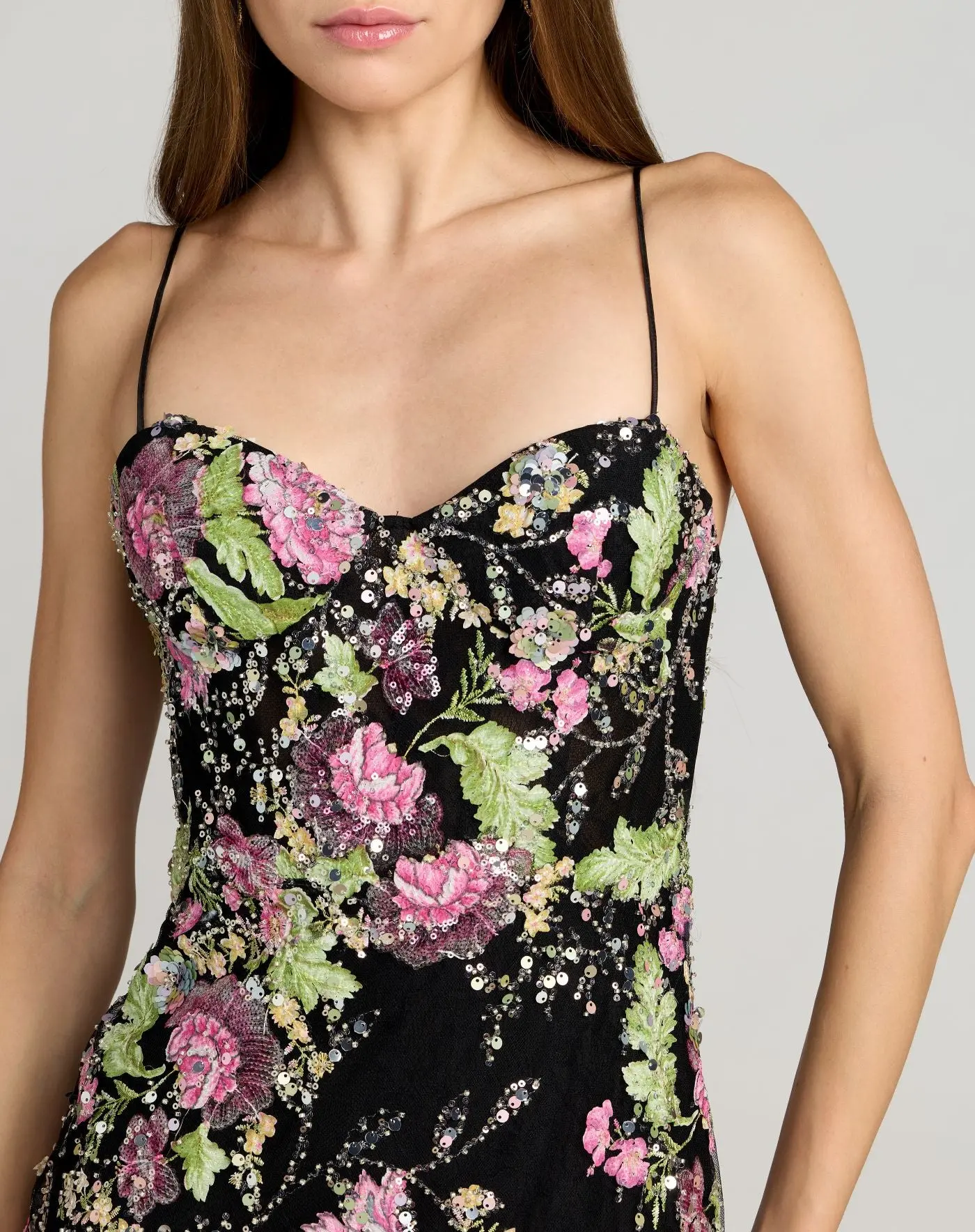 Black Embellished Bustier Floral Trumpet Gown - Special Events Unlimited
