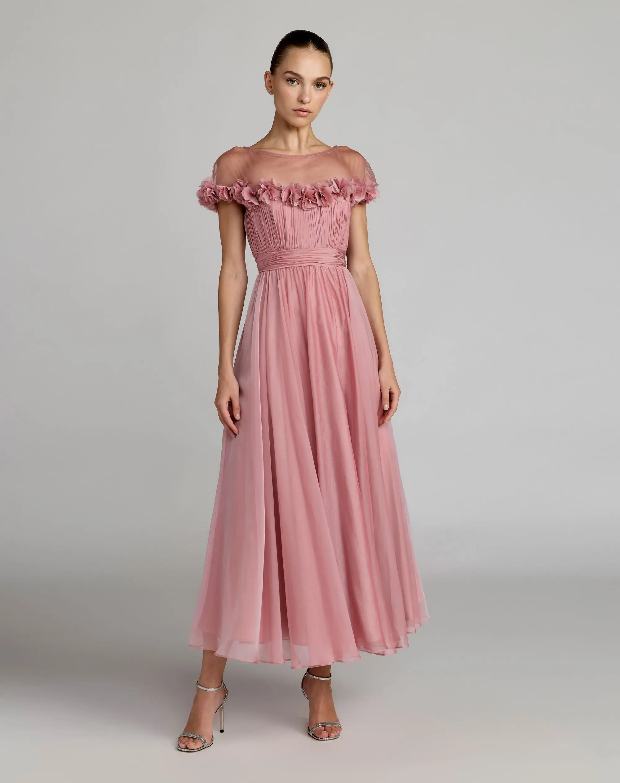 Pink Chiffon Illusion Neck Midi Dress With 3D Flowers - Special Events Unlimited