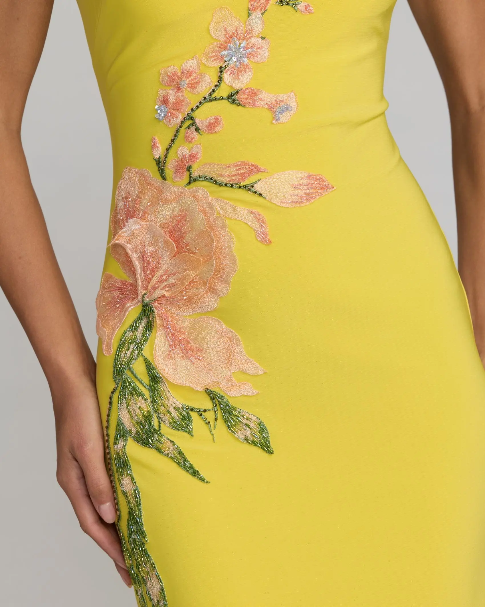 Yellow Floral Appliqué V-Neck Jersey Gown - Special Events Unlimited