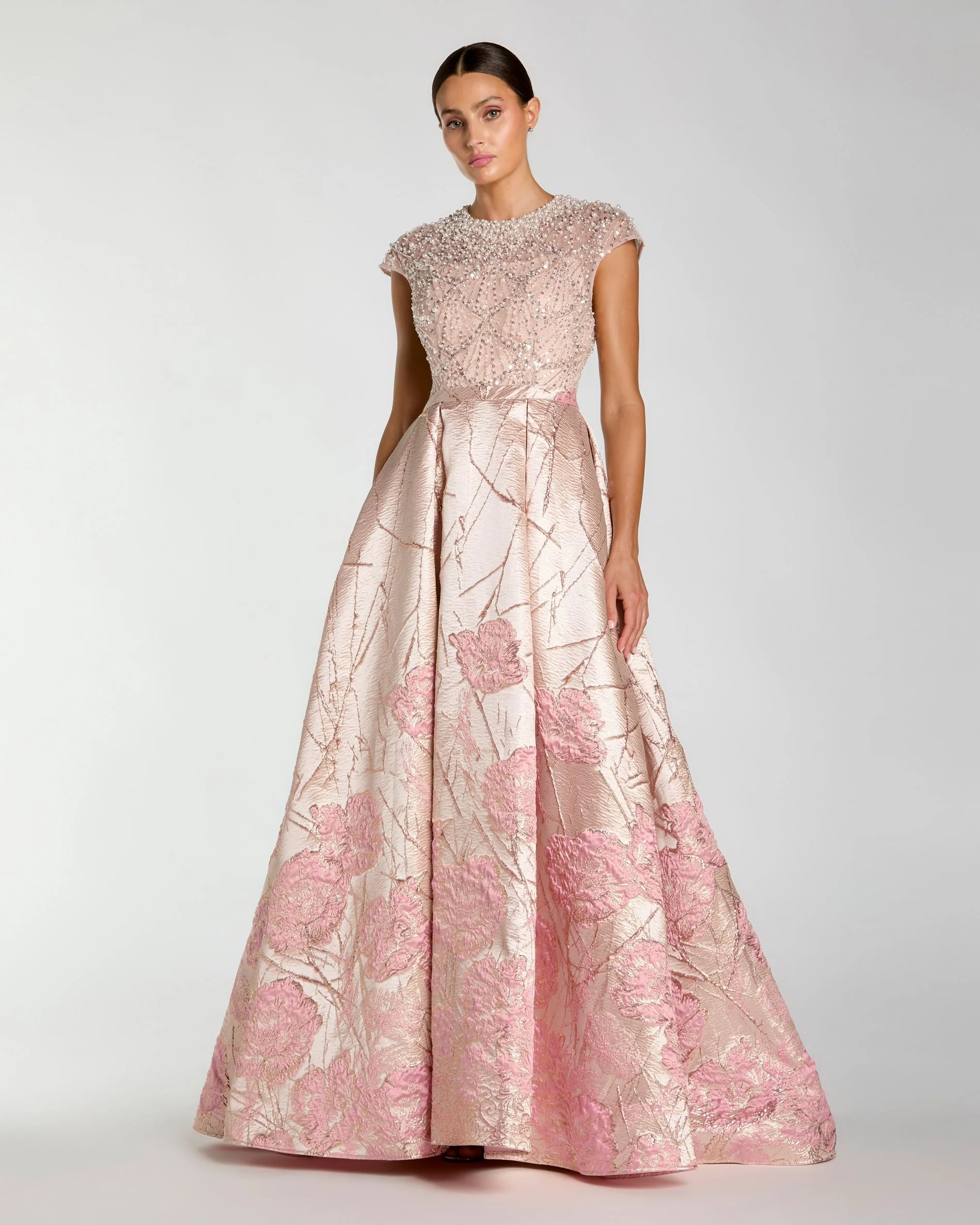 Pink Cap Sleeve Embellished Floral Brocade Ball Gown - Special Events Unlimited