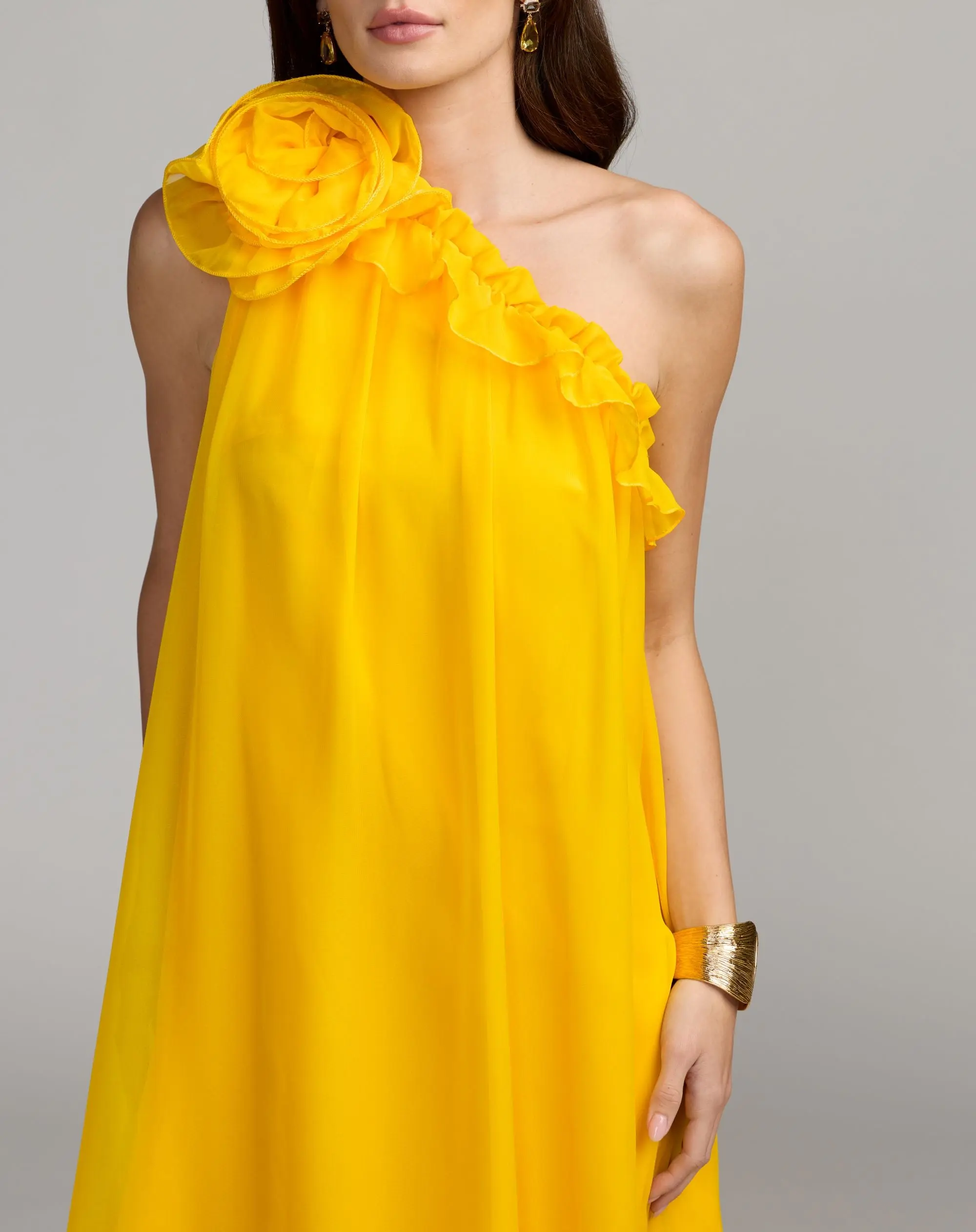 Yellow One Shoulder Chiffon Gown With 3D Rosette - Special Events Unlimited
